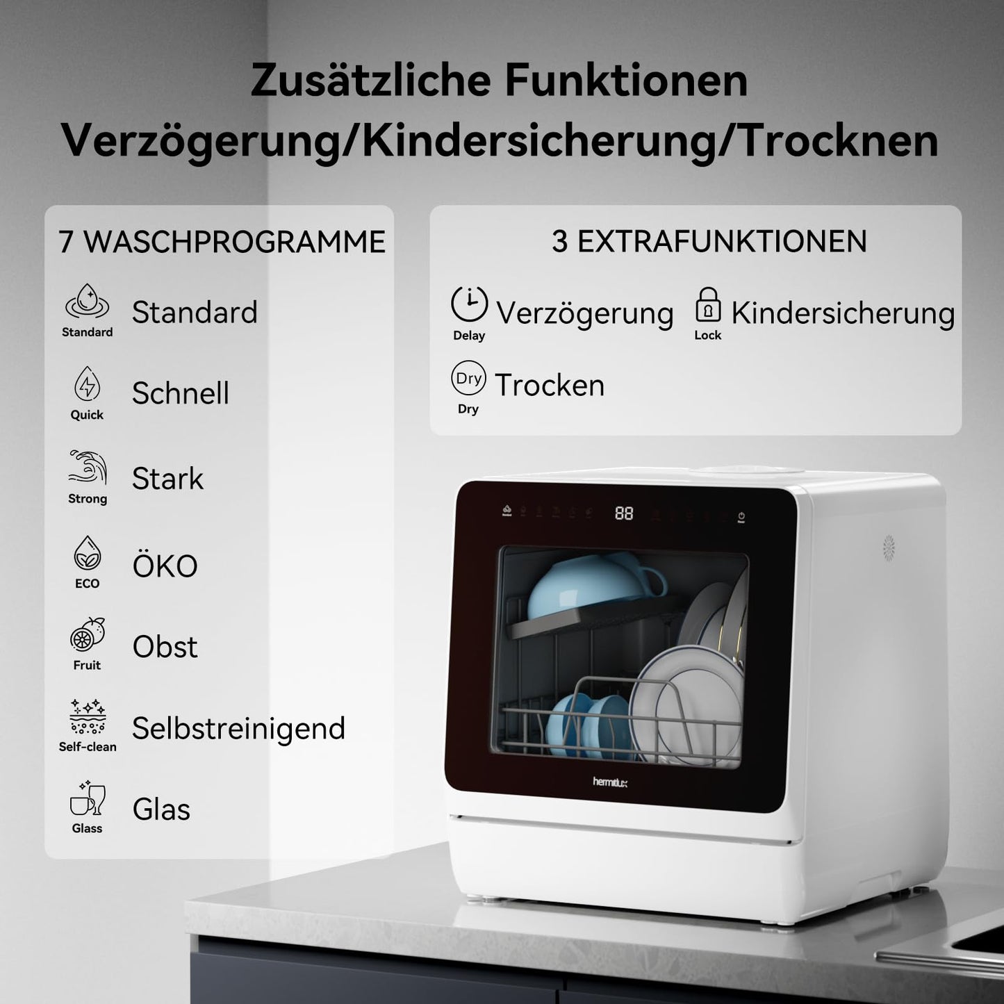 Hermitlux Tischgeschirrspüler, mini spülmaschine mit 7+3 Programme, 5 Maßgedecken, 5L Wassertank, Startverzögerung und Kindersicherung