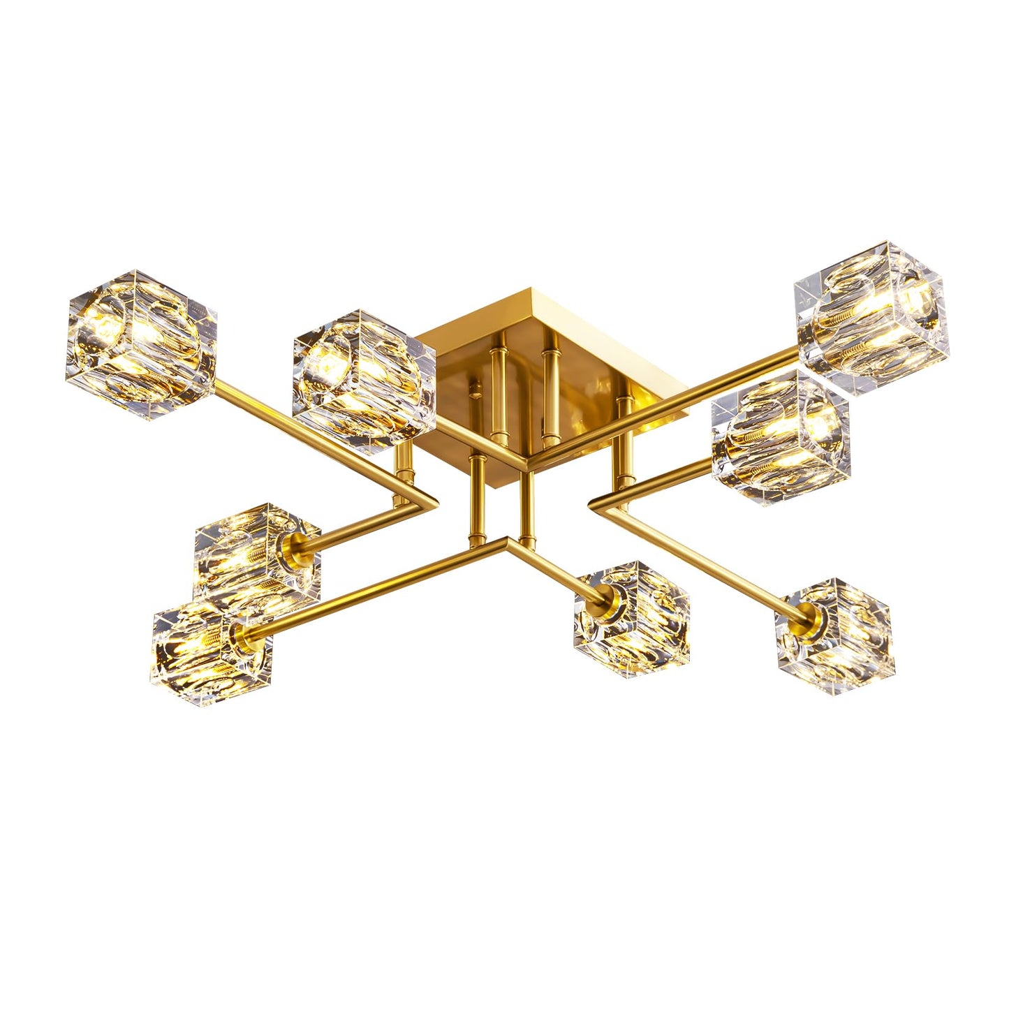 JUJUQI Moderne Kristall-Kronleuchter,Gold Hängeleuchte, K9 quadratischer Kristall Häengelampe mit 8 Lichtern,Würfel-Schirm, hängende Deckenleuchte für Esszimmer, Schlafzimmer, Wohnzimmer
