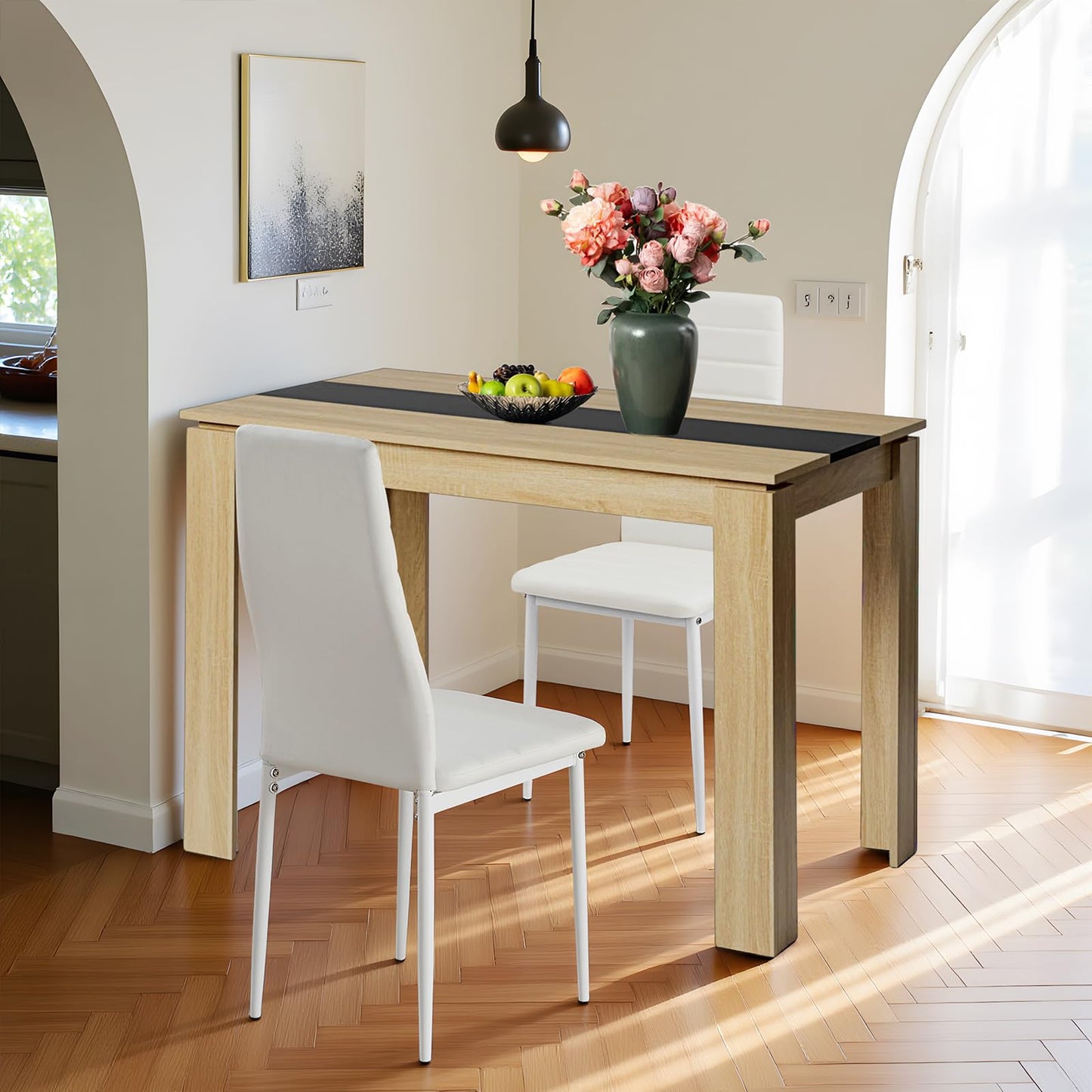 FURNITABLE Esstisch mit 4 Stühlen Esszimmergruppe, 4er Set Esszimmerstühle und Rechteckig Holztisch Essgruppe für Wohnzimmer Küche Büro (110 * 70cm Tisch+4 Schwarz Stühle)