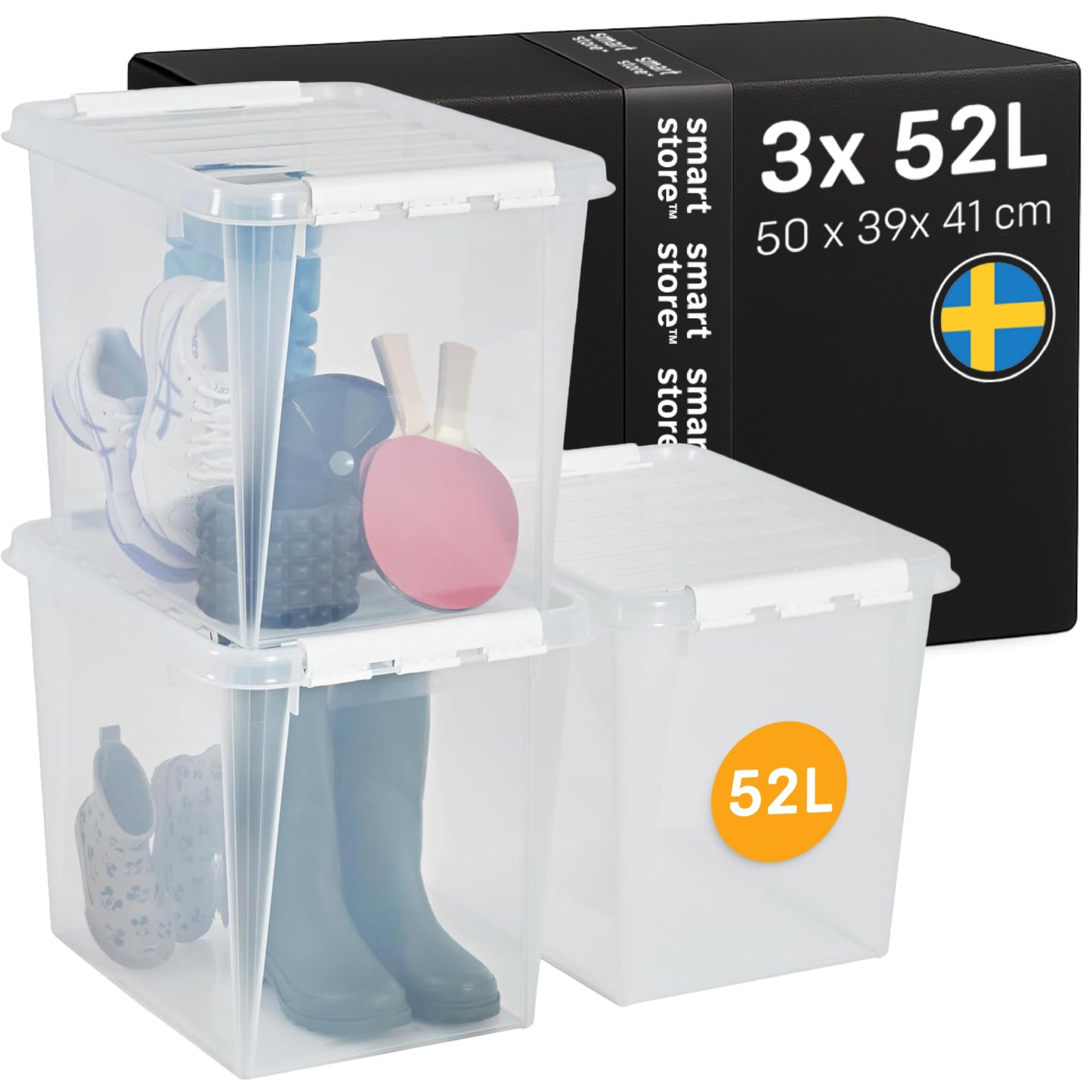 SmartStore - 5 x Storage Box with Lid Classic 46L (59 x 39 x 31 cm) | Stackable Box with Lid | Food-Safe Plastic Box | Plastic Box with Lid and Reinforced Corners