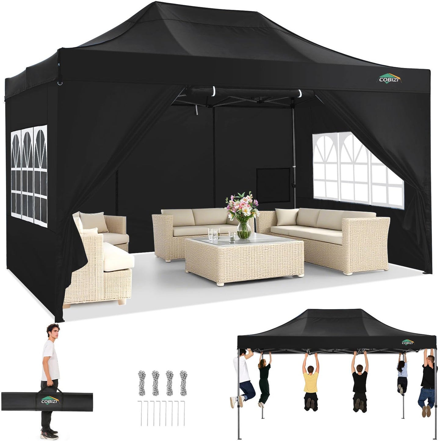 Tooluck Folding Gazebo, 3 x 4.5 m, Waterproof, Stable, Outdoor, Garden Party Tent, UV Protection 50+, with 4 Side Panels, Grey