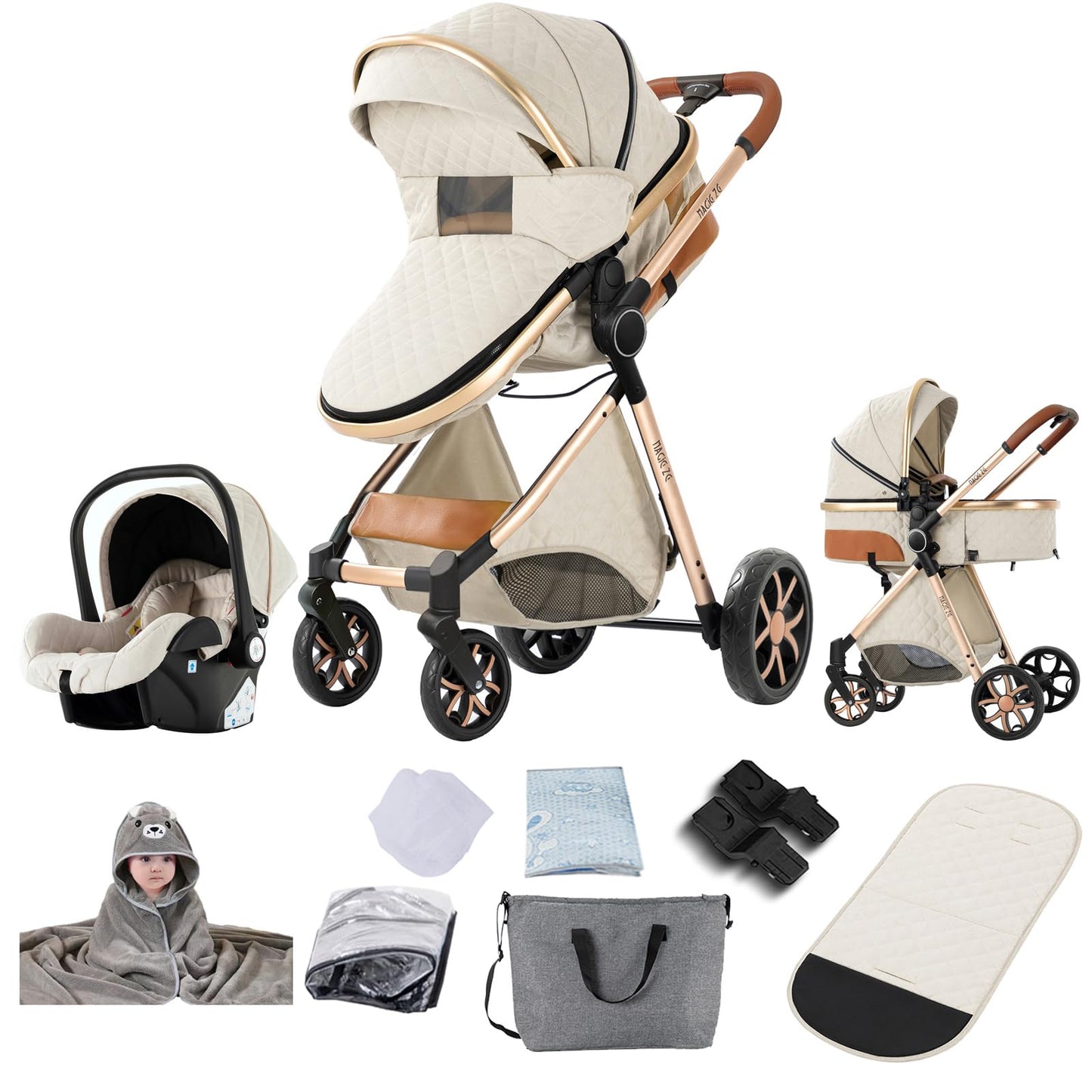 PU Leather Pushchair 3-in-1, Buggy with One-Click Folding Design, Pushchair with Two Reversible Sliding Modes, Combination Pushchair 3-in-1 Complete Set Frame Aluminium Alloy (518 Black)