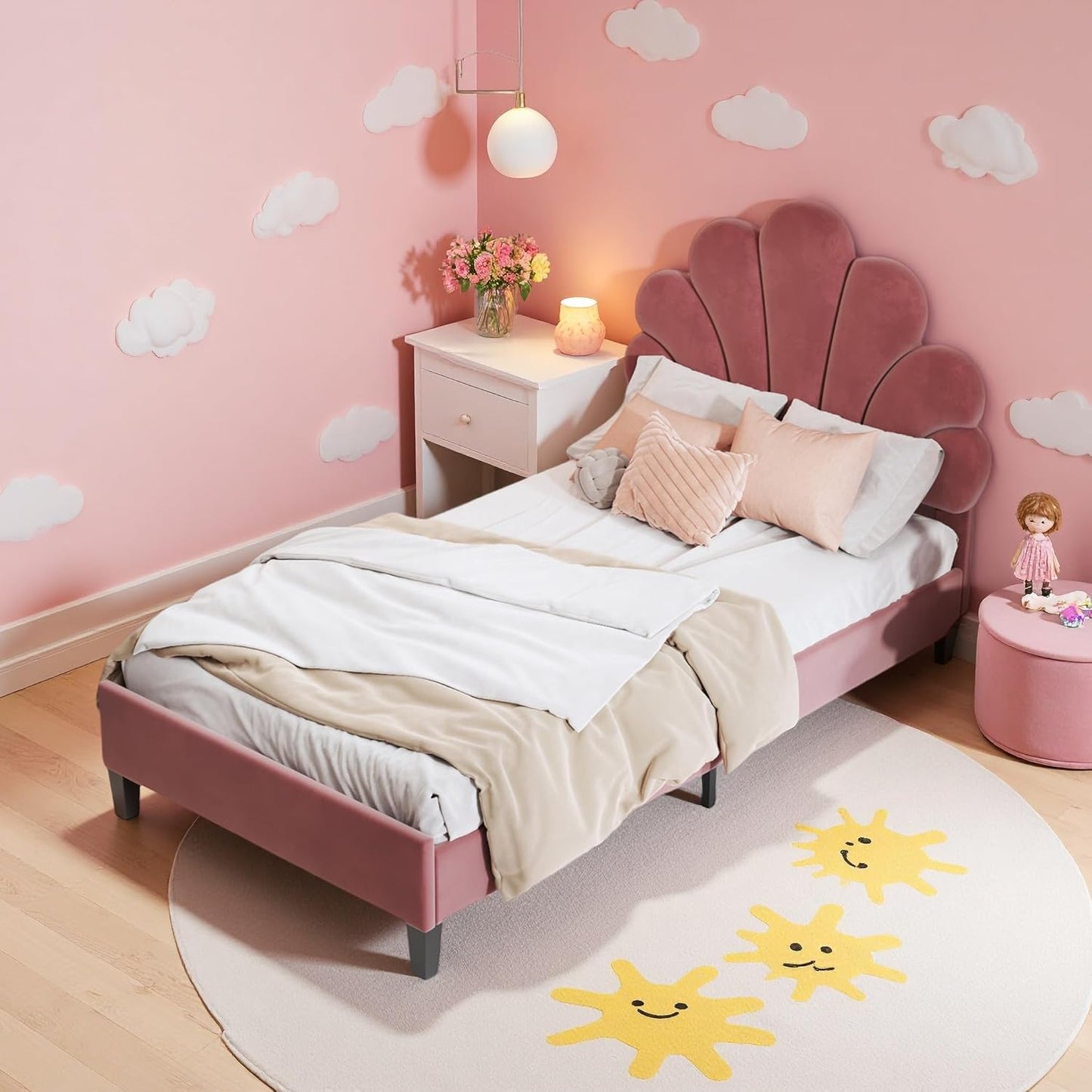 Upholstered Sofa Bed 140 x 200 cm, with Ambient Light and USB Connection, Children's Bed with Slatted Frame, Functional Bed, Teenager's Bed, Lambswool Material, Pink