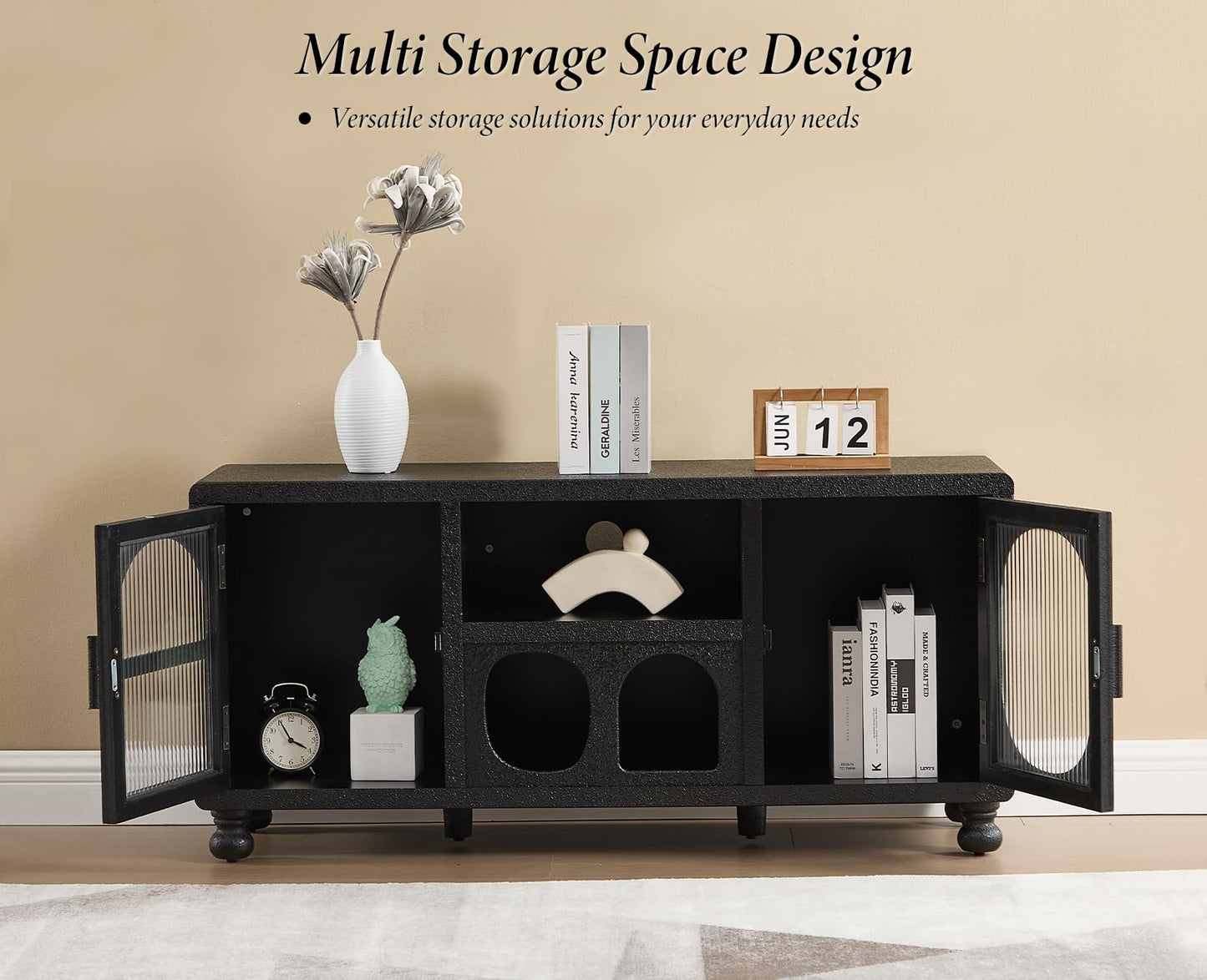 Ya-Home Lowboard with 2 Glass Doors Storage Cabinet with Compartments Sideboard with Solid Wood Legs for Living Room Black