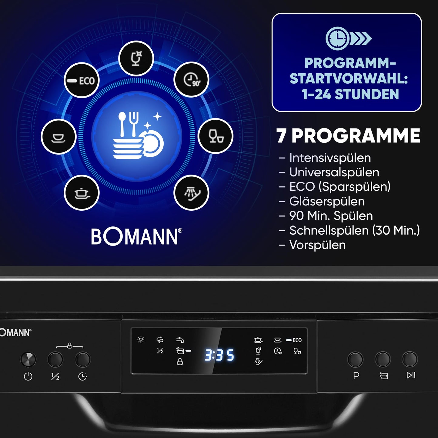 Bomann Dishwasher 45 cm, 10 Place Settings, Dishwasher Stand or Substructure, 7 Programmes & 2 Spray Levels, Dishwasher with Start Dial, Dishwasher Can Be Under-Assembled GSP 7418, Black