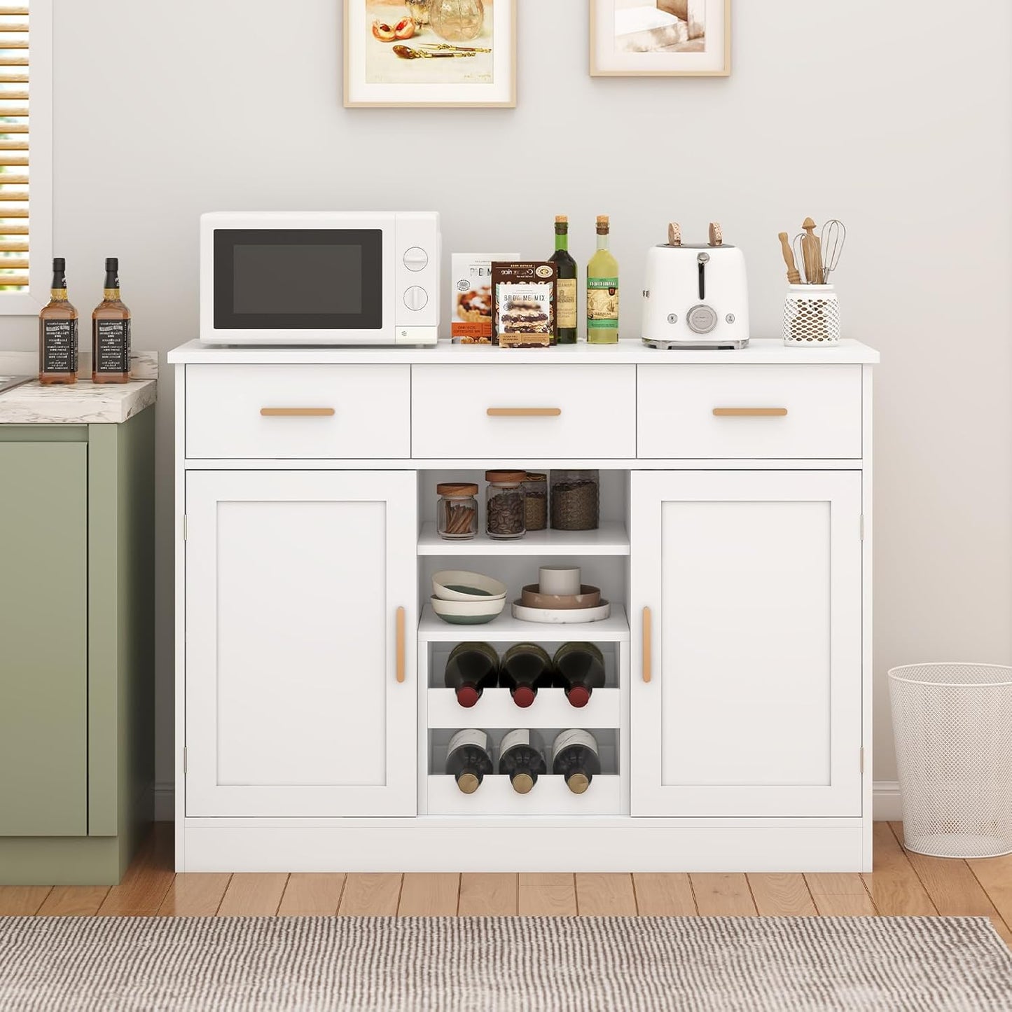 Küchenschrank mit Arbeitsfläche, Buffetschrank mit 3 Schubladen, Sideboard mit Steckdose, Flexibles Weinregal, Seitliches Ablagefach, Verstellbare Ablagen, Küche, Esszimmer, 40X107X80 cm, Weiß