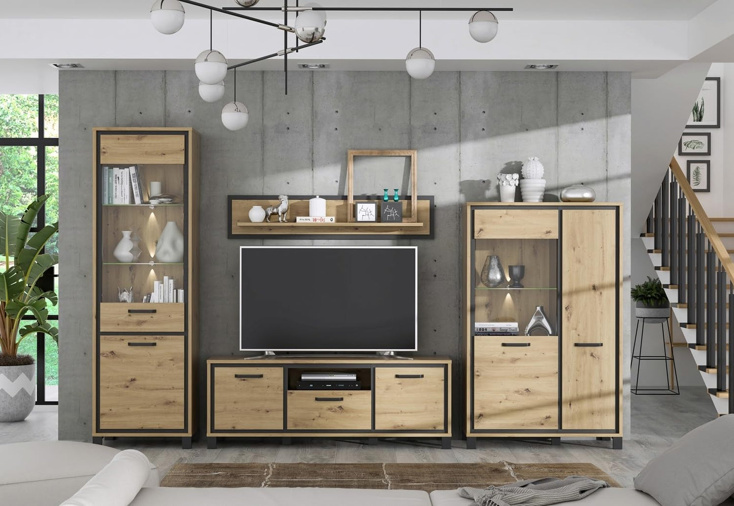 Forte Finley 330 Modern Wall Unit with TV Cabinet, Display Cabinet, Wall Panel and Chest of Drawers, Composite Wood, White with Concrete Look Accents, 328.4 cm Wide x 193.7 cm High x 41 cm Deep