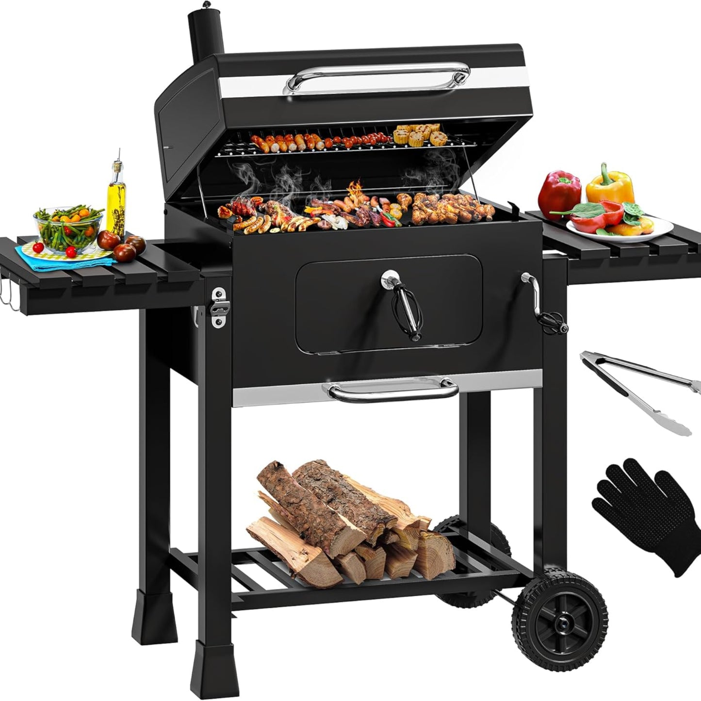 YITAHOME XXL Charcoal BBQ Smoker Grill Trolley with Deluxe Cast Iron Grate & Enamel Carbon Pan, Thermometer, Stand Grill for Party, Camping, Garden, Includes Kitchen Tongs and Glove