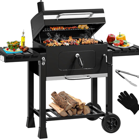 YITAHOME XXL Charcoal BBQ Smoker Grill Trolley with Deluxe Cast Iron Grate & Enamel Carbon Pan, Thermometer, Stand Grill for Party, Camping, Garden, Includes Kitchen Tongs and Glove
