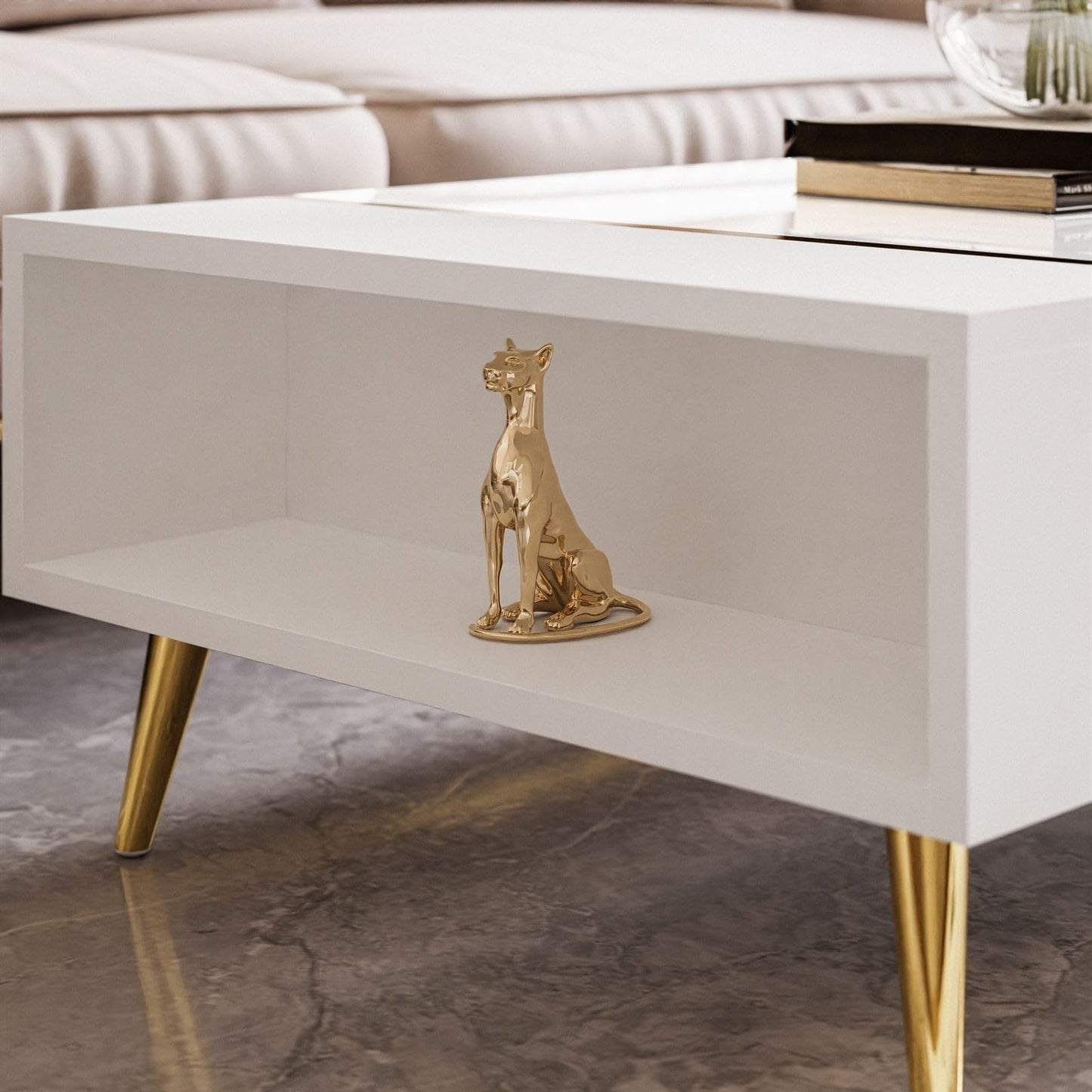 lukmebel Coffee Table White with Gold Onyx 104 x 65 x 41 cm Coffee Table with Storage Space Push to Open Living Room Table Side Table Couch Sofa Table House Table