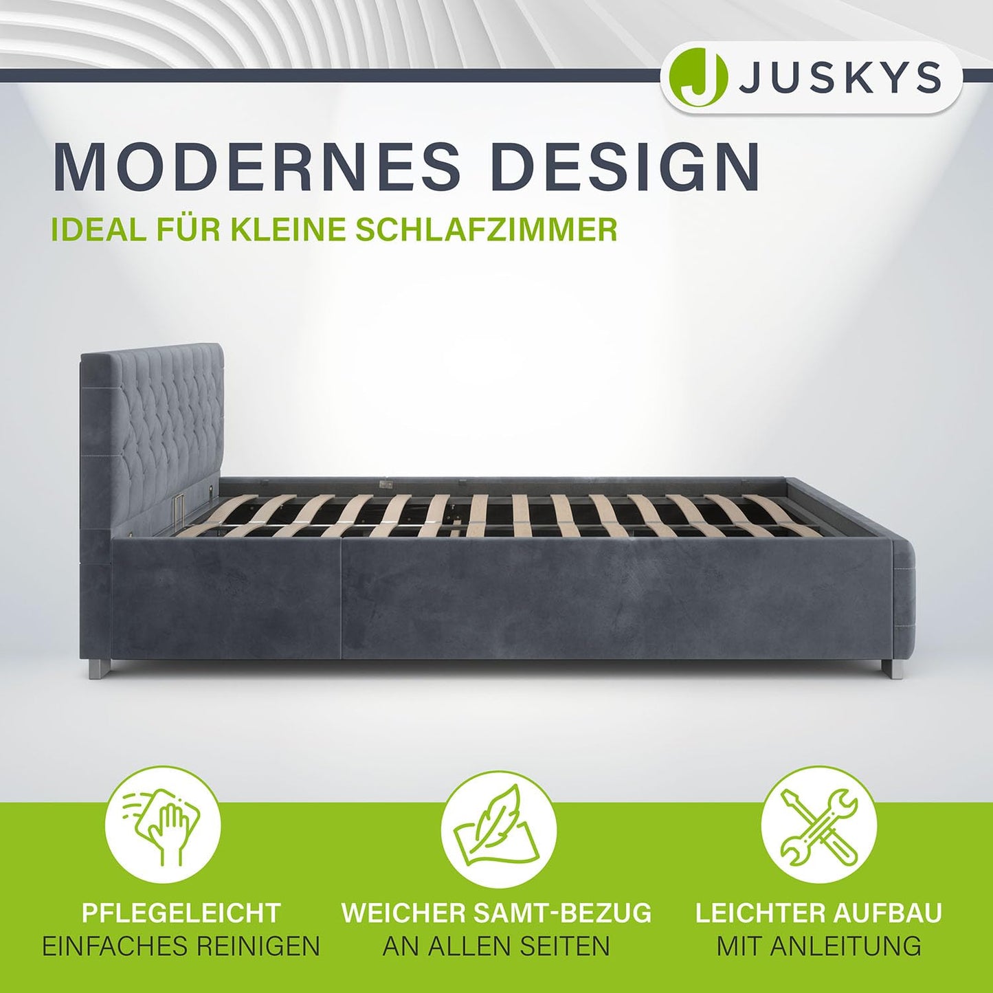Juskys Nice Upholstered Bed 180 x 200 cm Velvet with Storage Space, LED Lighting & Slatted Frame - Chesterfield Quilting & Headboard - Bed Frame - Grey