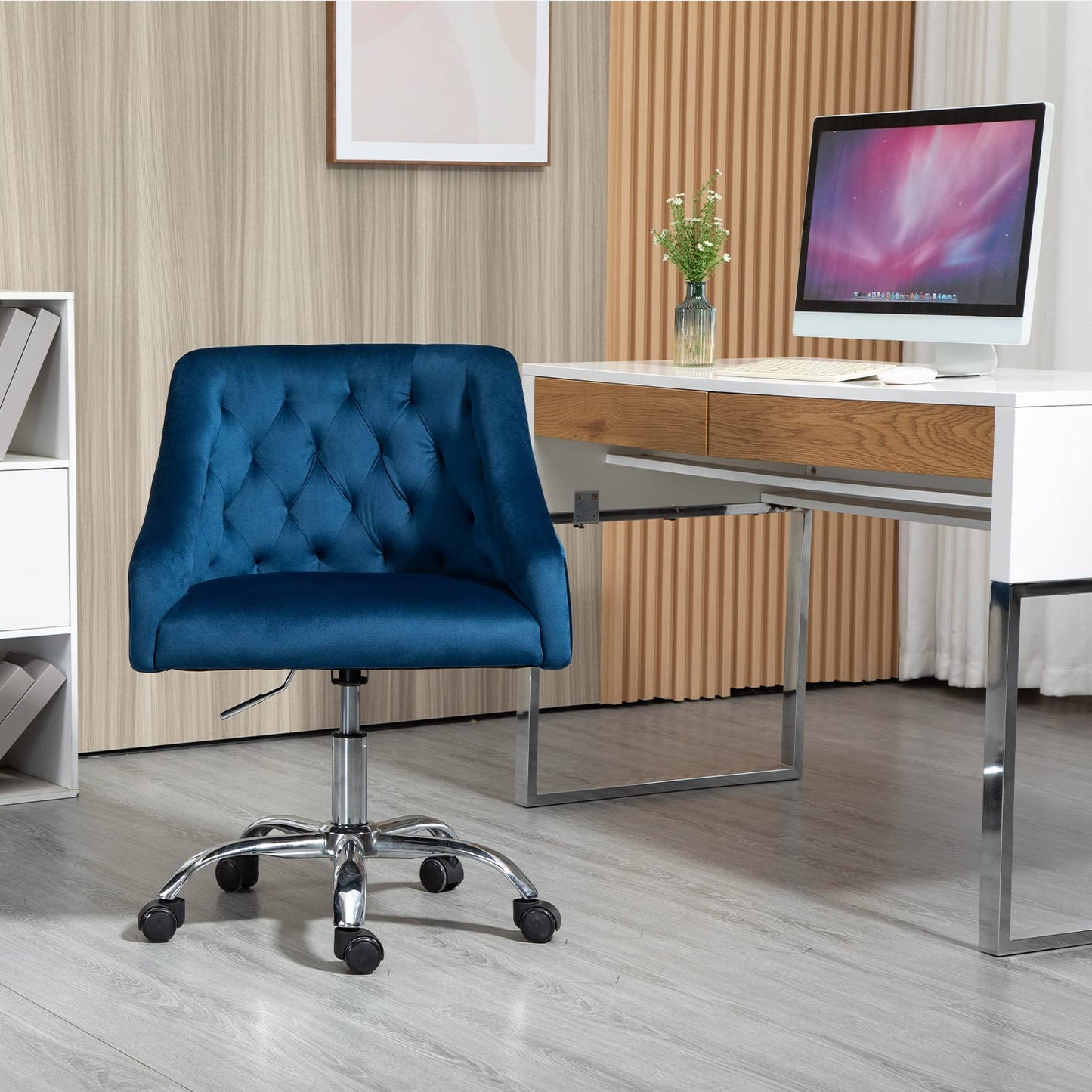 Velvet Office Chair, Home Office Chair, Desk Chair with Wheels, Dressing Table Chair, Height Adjustable, for Study, Office, Bedroom, Maximum Load 135 kg (Grey)