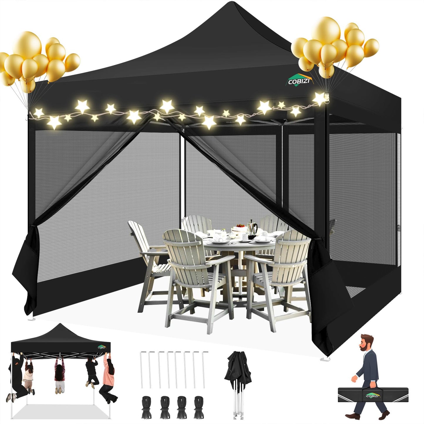 COBIZI Pavillon 3x3 Faltpavillon 3x3 Wasserdicht Stabil, Partyzelt Gartenpavillon UV-Schutz mit 4 Seitenwänden aus Mesh, Schwarz