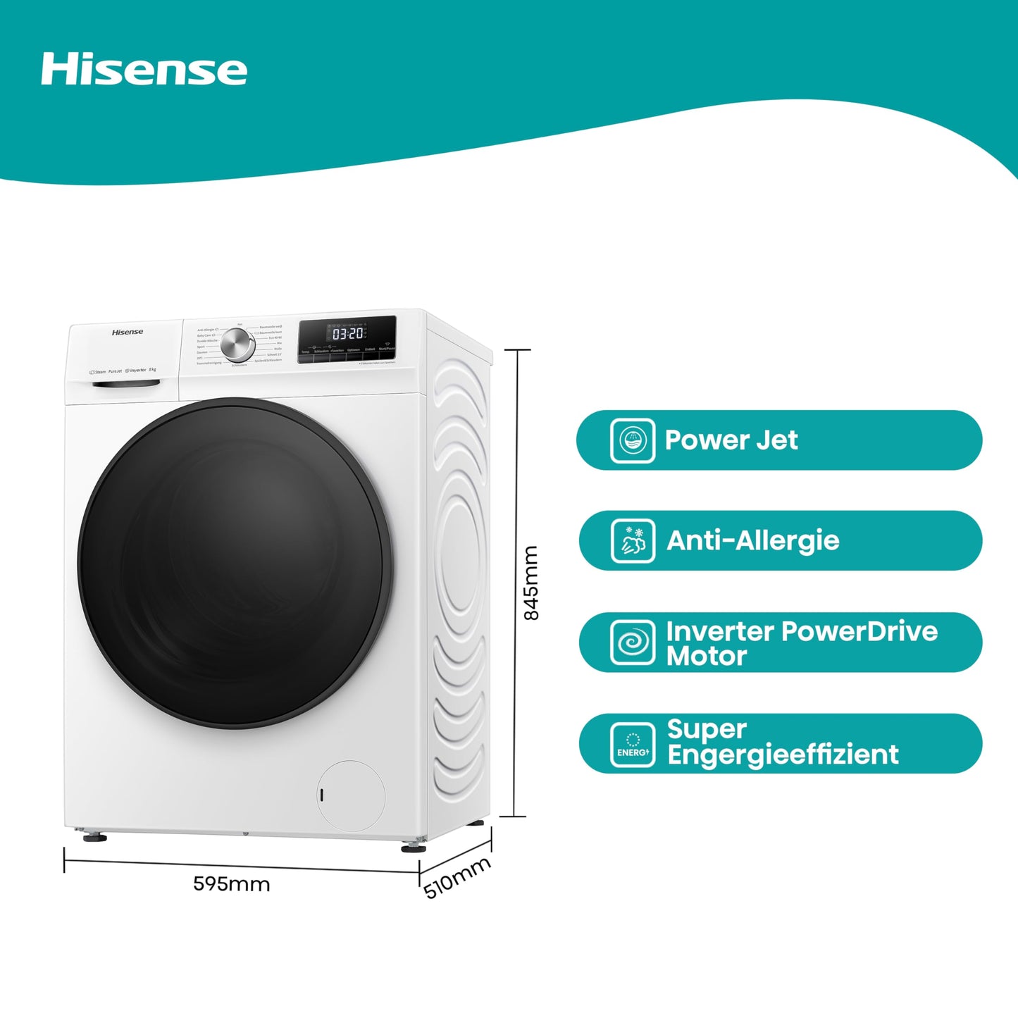 Hisense WF3S8043BB3 Waschmachine mit Dampffunkunktion, 8 kg, 1400 U,min, WIFI, ConnectLife, Power JetWash, Anti-Allergie Programm, Aqua Stop, Auto Wash, Quick Wash, EEK A-30 Prozent