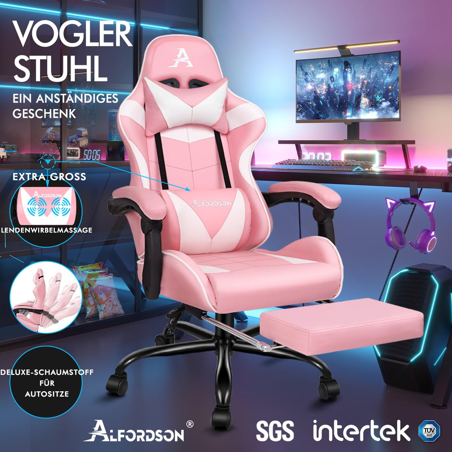 ALFORDSON Videospielstuhl, ergonomischer Bürostuhl, Massage-Rennstuhl, einziehbare Fußstütze, PU-Leder, höhenverstellbar und neigbar, 180 kg Tragkraft, Schwarz