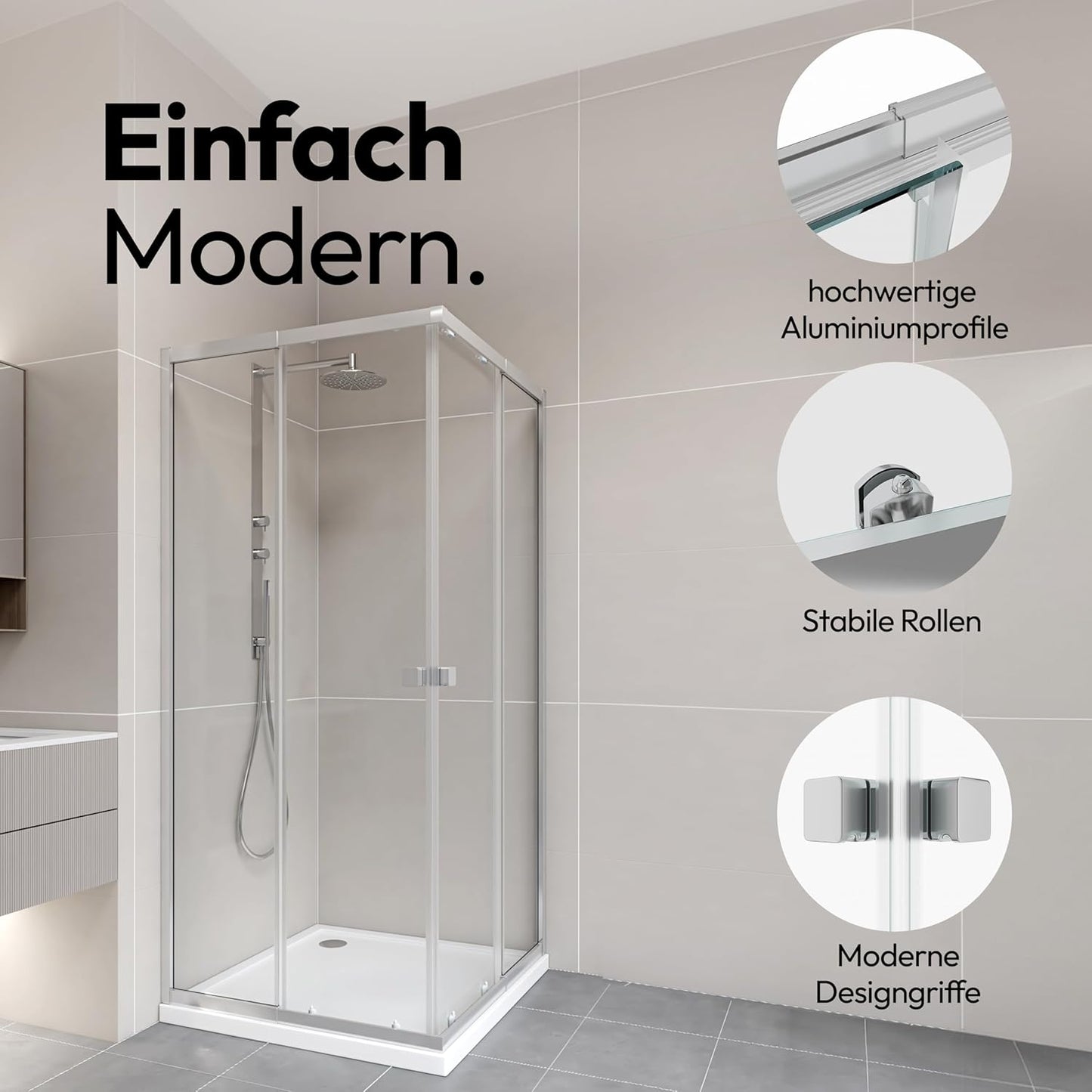 MARWELL Flexi Shower Cubicle 77-90x77-90-190 cm Corner Shower with High-Quality Adjustable Aluminium Profiles in Matte Silver Shower Enclosure with Removable Sliding Doors for Cleaning
