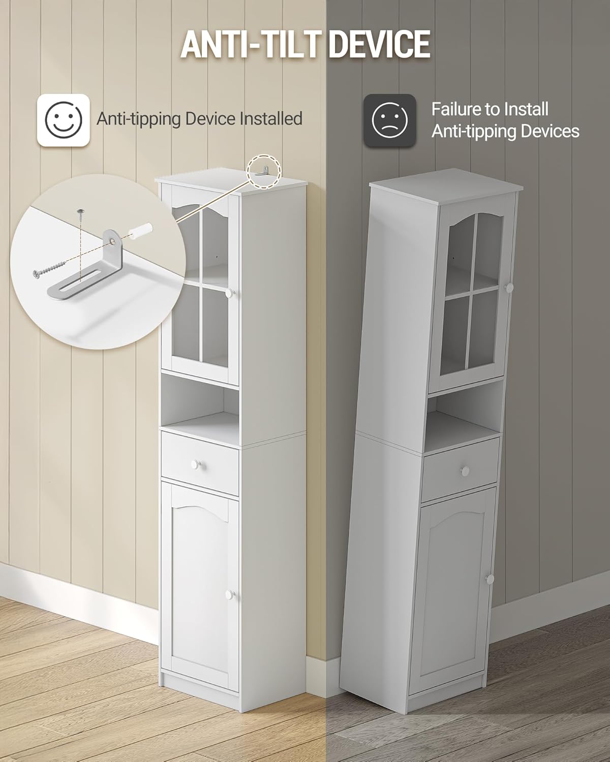 Hzuaneri SC10003X Bathroom Cabinet with Glass Door, High Storage Cabinet with 2 Doors and 1 Drawer, Adjustable Shelves, Bathroom, Living Room, 40 x 30 x 170 cm, White