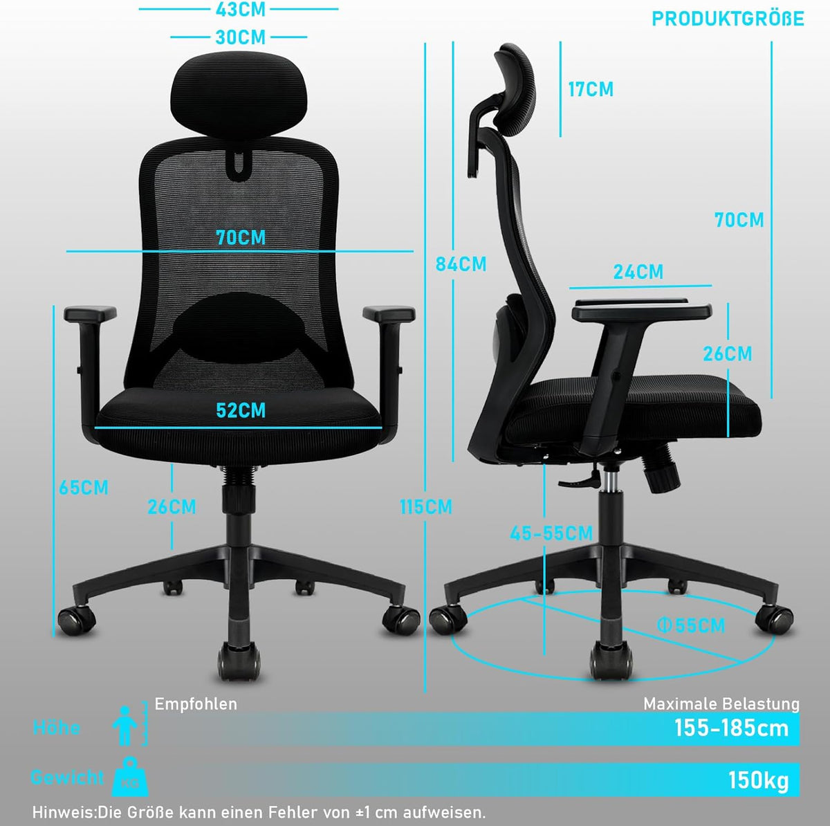Milacyee Ergonomic Office Chair, Desk Chair with Adjustable 4D Lumbar Support, Office Chair with Headrest, Mesh Executive Chair with 90°-130° Reclining Function (Lockable), Swivel Chair up to 150 kg