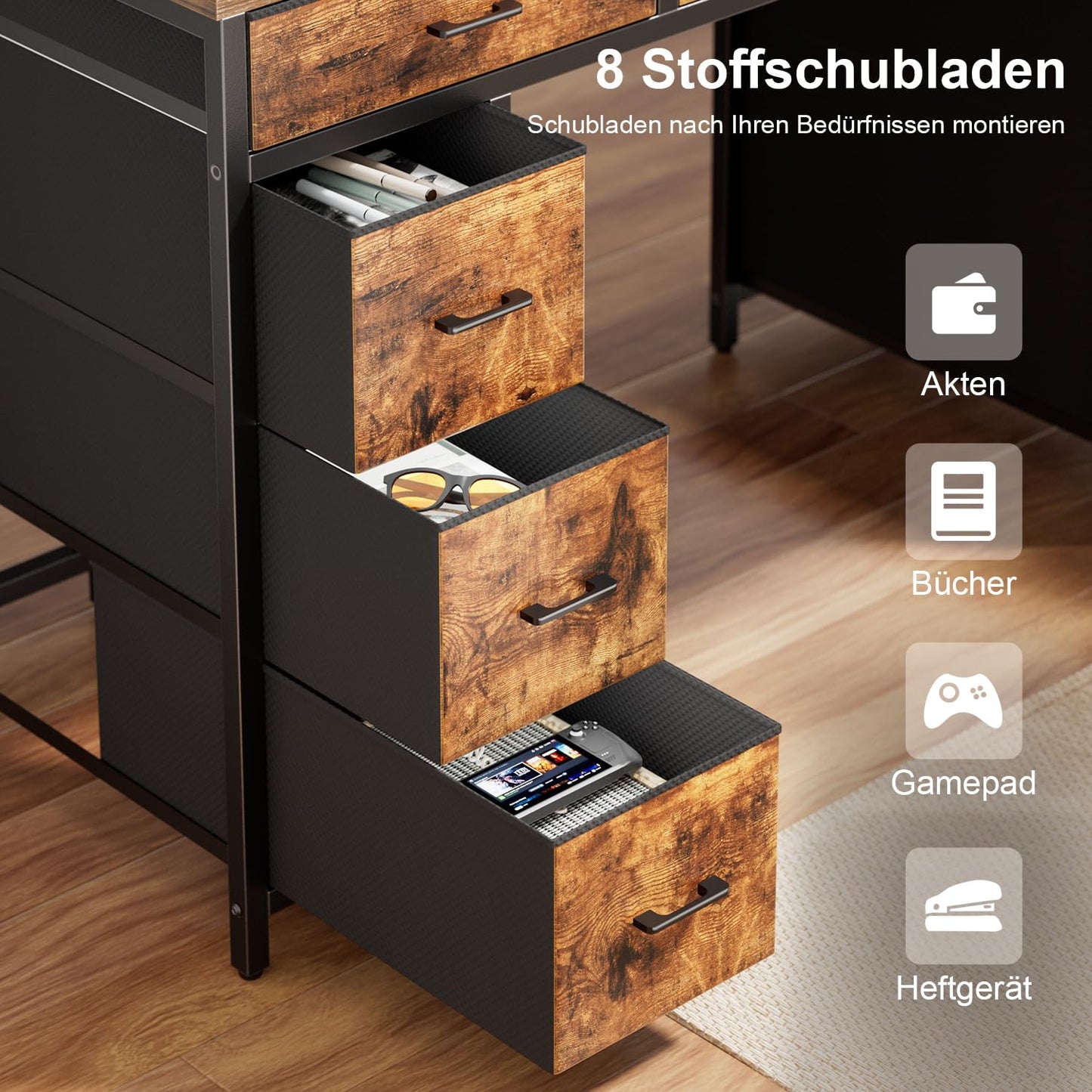 Schreibtisch mit 8 Schubladen, Computertisch mit 2 Steckdosen und 2 USB Ladeanschluss, Bürotisch mit LED und Monitorständer, PC Tisch für Büro, Wohnzimmer, 120 x 50 x 74 cm, Weiß