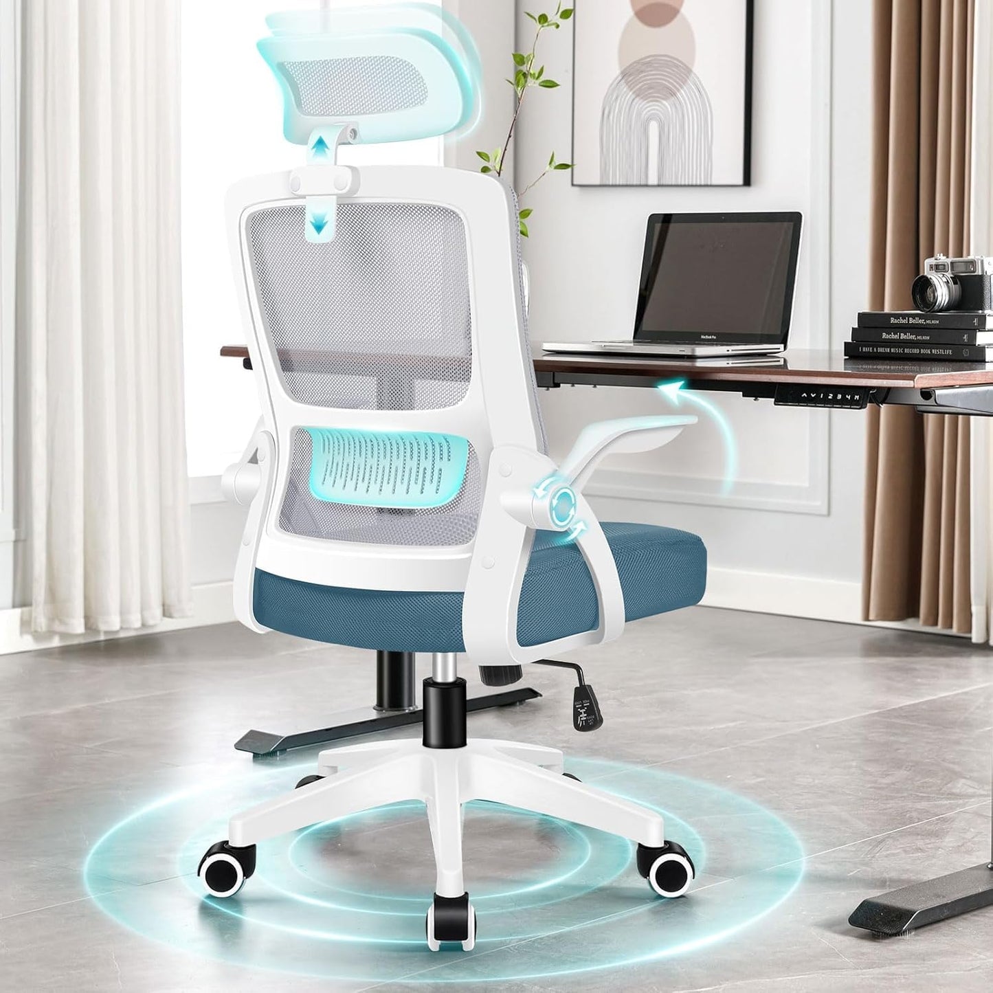 ALFORDSON Ergonomic Office Desk Chair, Computer Chair with Dynamic Lumbar Support, Tilting Swivel Chair with Flip Up Armrest, Black