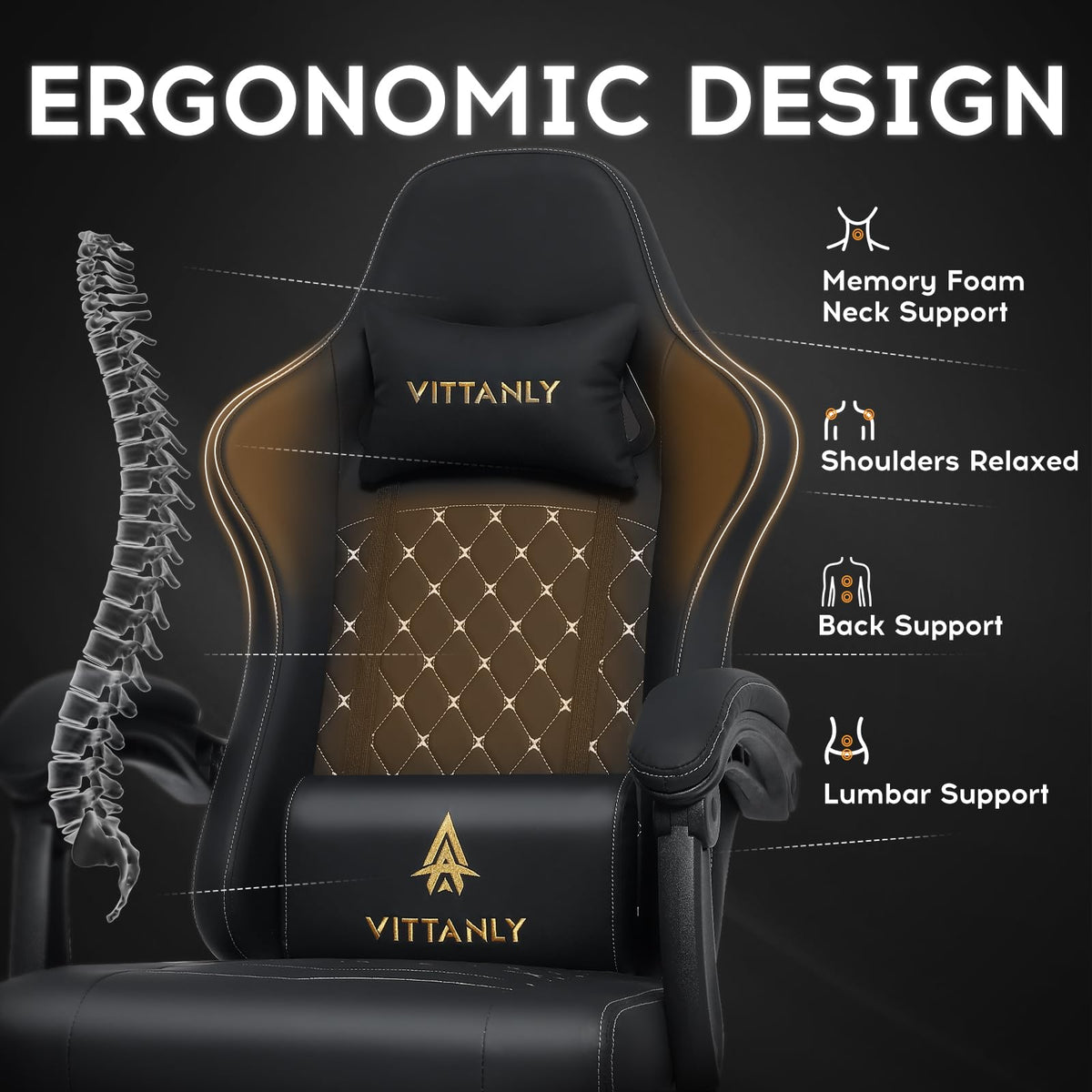 Vittanly Gaming Chair with Spring Cushion, Ergonomic Gaming Chair, Gamer Chair with Headrest, Lumbar Cushion and Footrest, Height-Adjustable Rotating Gaming Chair, Office Chair, 150 kg, Black