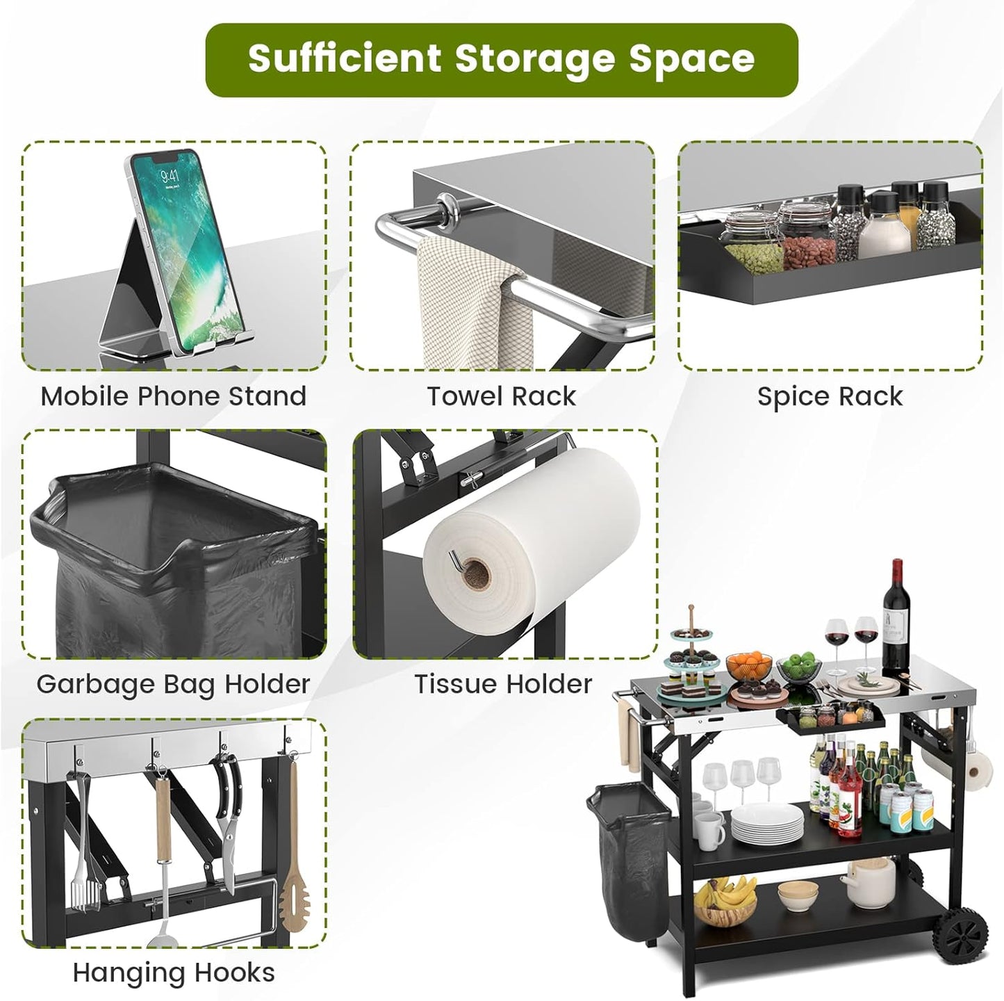 KOMFOTTEU Foldable Barbecue Trolley, Grill Table with Stainless Steel Worktop, Outdoor Trolley with 2 Wheels, Serving Trolley Grill Trolley with Adjustable Shelf, Mobile Phone Holder & Towel Holder,