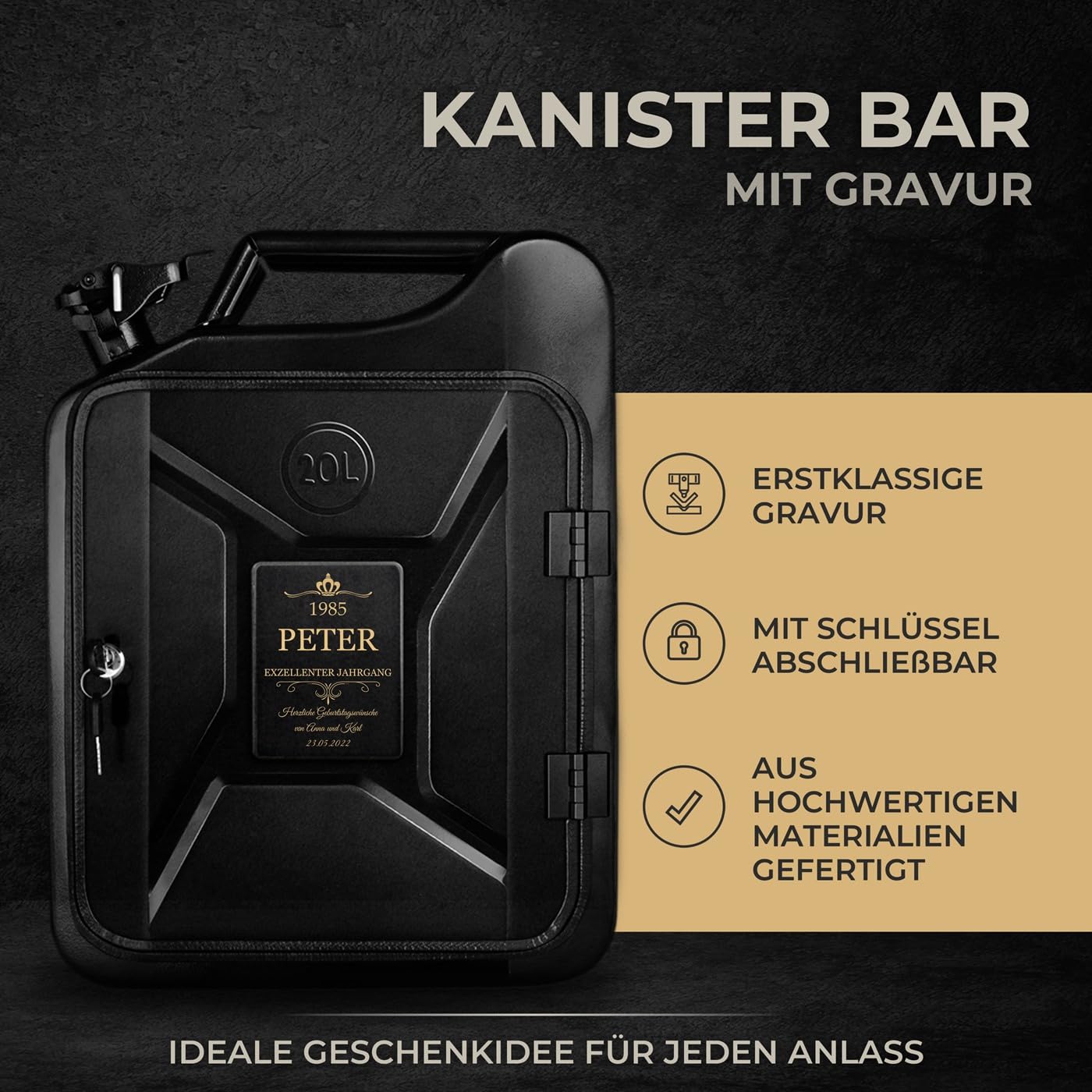 Maverton 20L Kanister Mini Bar mit Gravur - Jerrycan schwarzer Metall Mobile Bar - Geburtstagsgeschenk für Männer personalisierte Geschenke für Männer - Abschließbarer Minibar - Größe: 36x47x18cm