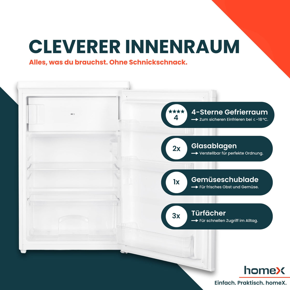 homeX Fridge without Freezer, Full-Room Fridge Small - 88 L Net Capacity, Freestanding and Compact, Table Fridge Quiet 39 dB, Fridge with LED Interior Lighting and Temperature Control, Silver