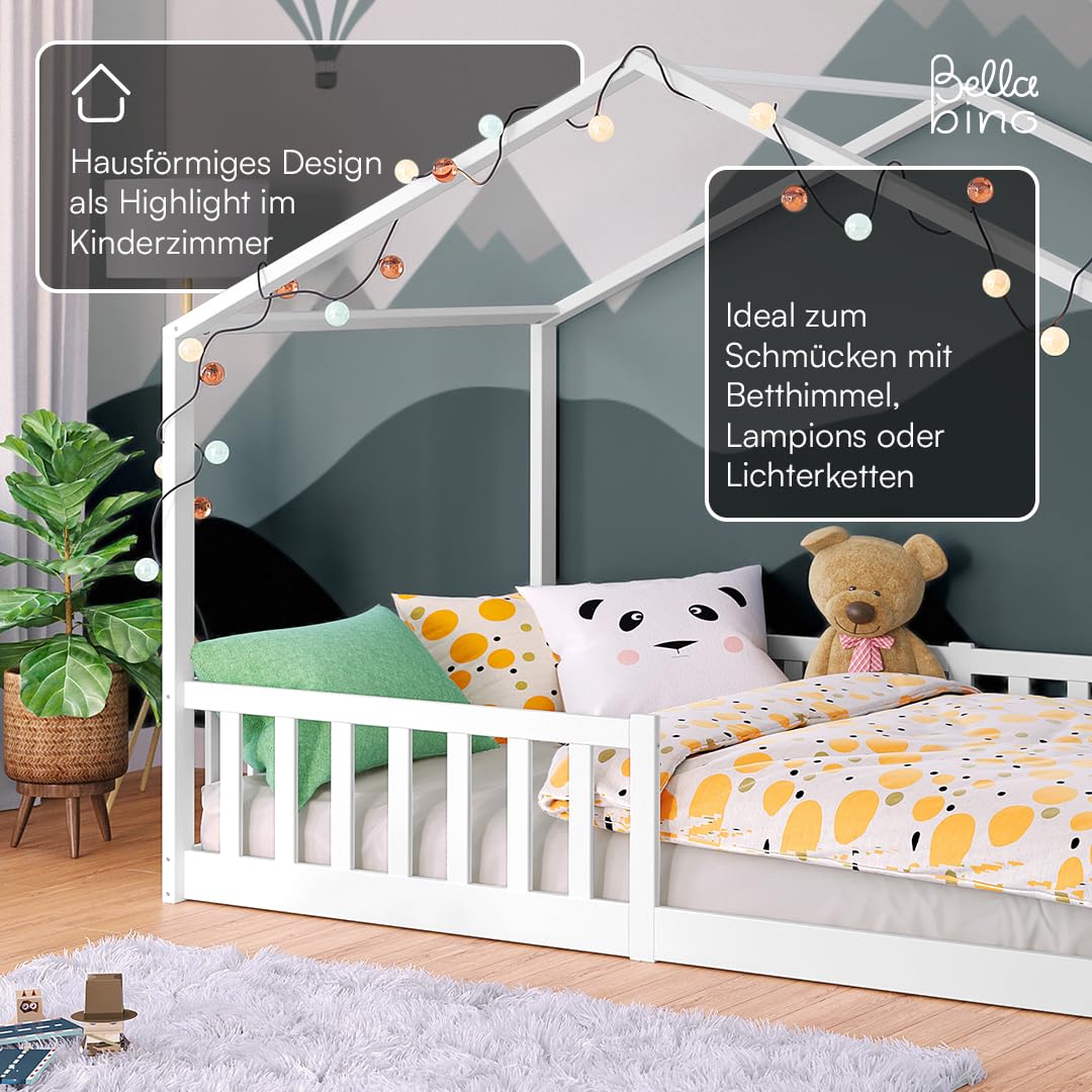 Bellabino Bia Children’s Bed, 90 x 200 cm, Children’s House Bed incl. Fall Protection and Rolled Slatted Frame, Montessori Floor Bed, White, Solid Pine Wood
