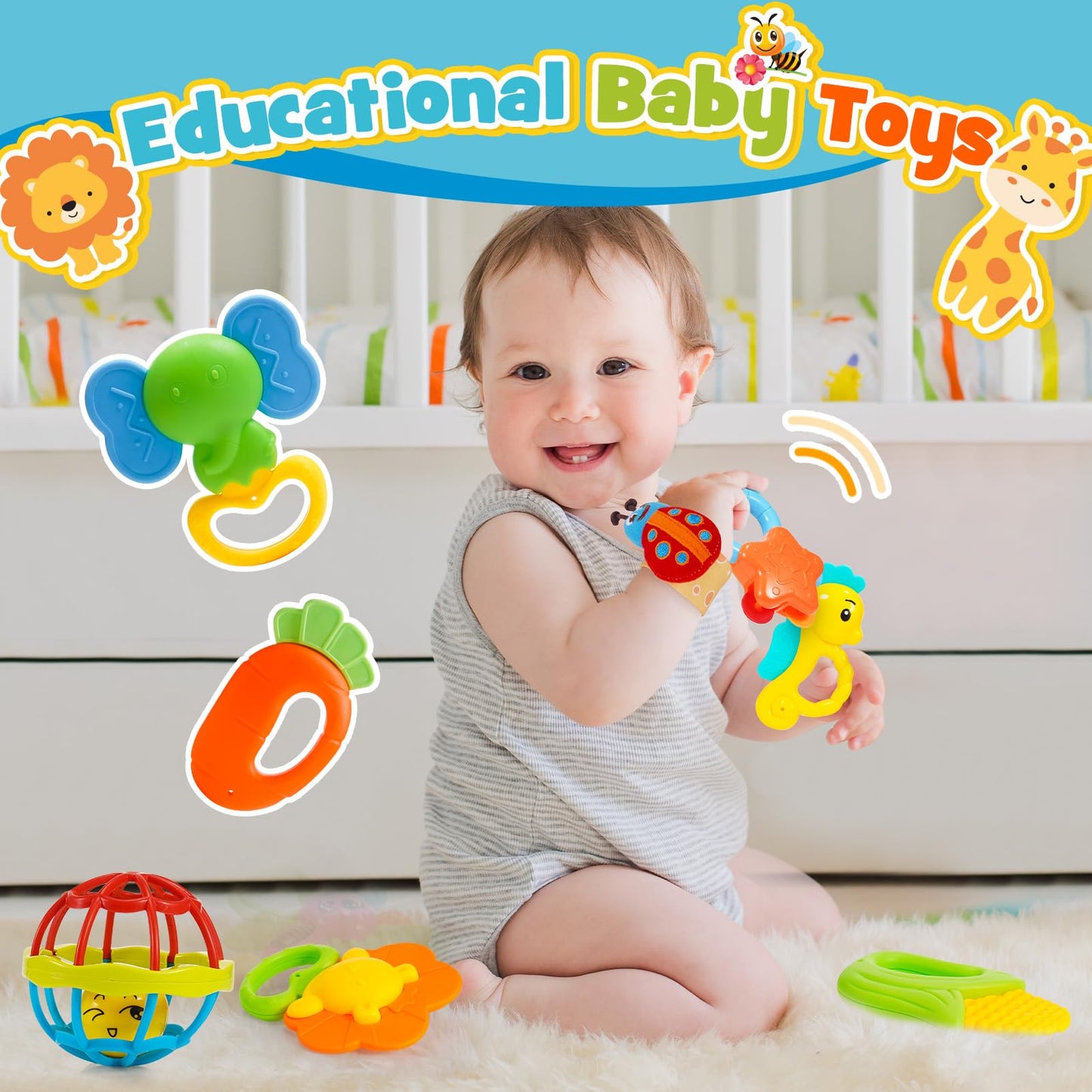 Wootoyz Baby Spielzeug 0-12 Monate, 14 Pcs Rasseln Beißring Set Babies Spielzeug ab 0 3 6 9 Monate Baby Geschenk Junge Mädchen Montessori Spielzeug ab 0-12 Monate Neugeborenen Geschenk Geburt