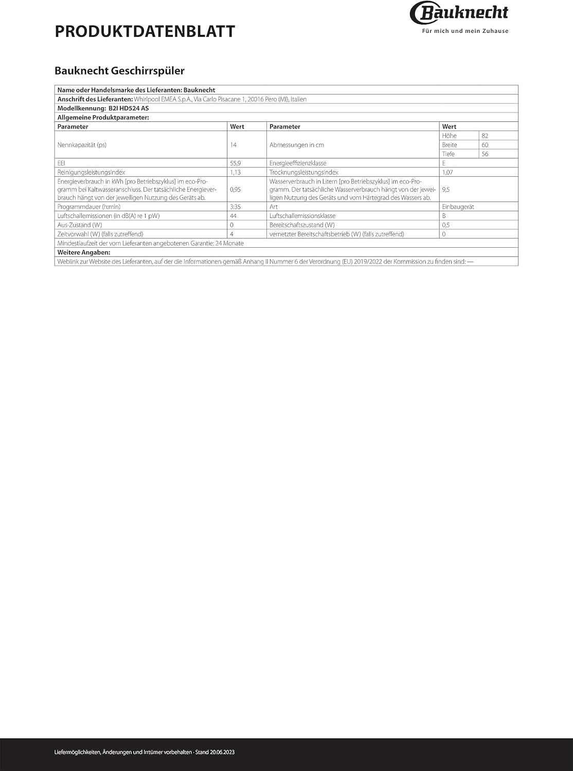 Bauknecht B2I HD524 AS Fully Integrated Dishwasher / 60 cm / Hygiene Program / Full Water Protection / Delay Start / Self-Cleaning Program Made of Stainless Steel
