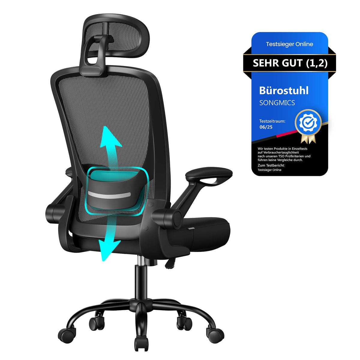 SONGMICS OBN037R01 Office Chair, Desk Chair, Mesh Swivel Chair, Ergonomic, Padded Lumbar Support, Rocker Function, 53 cm Seat, Folding Arms, Pastel Pink