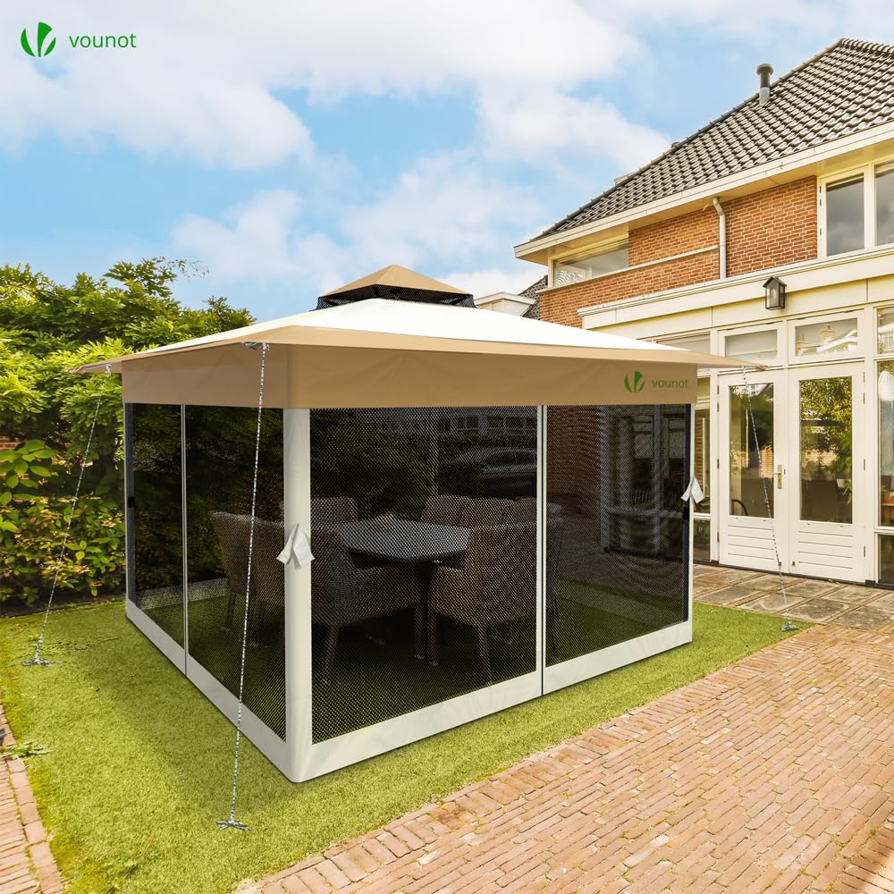 VOUNOT Pavillon Faltbar 3,6x3,6m, Pop Up Partyzelt mit Mesh Sides & Doppeldach, Faltpavillon Stabil mit Bein Gewichte & Roller Bag, Gartenpavillon Gartenzelt Grau