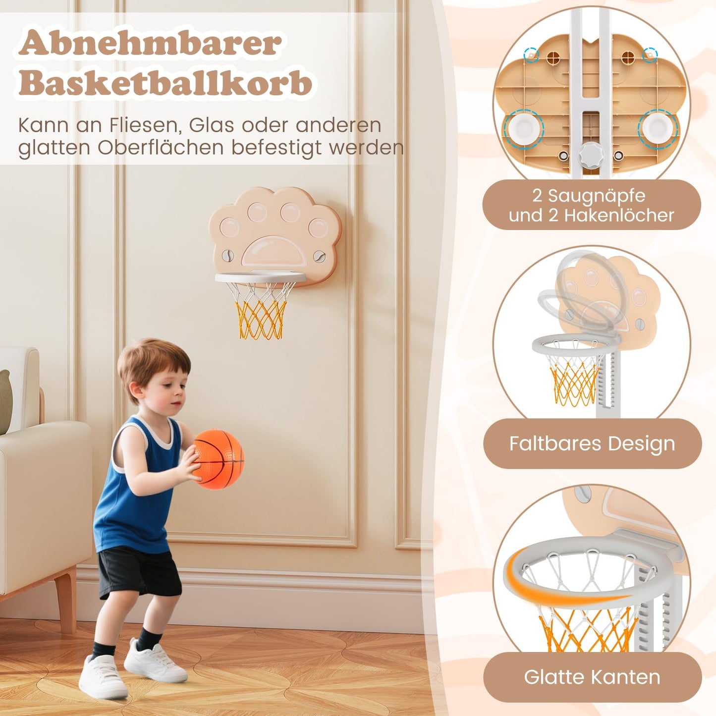 COSTWAY 3-in-1 Children's Basketball Hoop, Basketball Stand with Basketball & Football & Golf Game, Indoor Outdoor Basketball Game with Adjustable Height & Foldable Basket, for Children from 3 Years