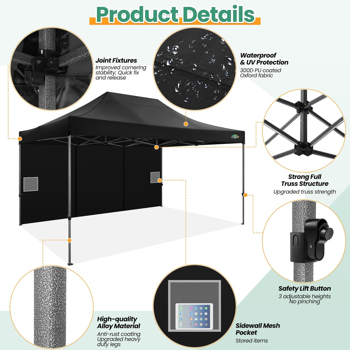 COBIZI Pavillon Faltpavillon 3x3 wasserdicht stabil Winterfest,Outdoor faltbar partyzelt，gartenpavillon mit 4 Seitenteilen und 4 Sandsack und Laufradtasche, Schwarz