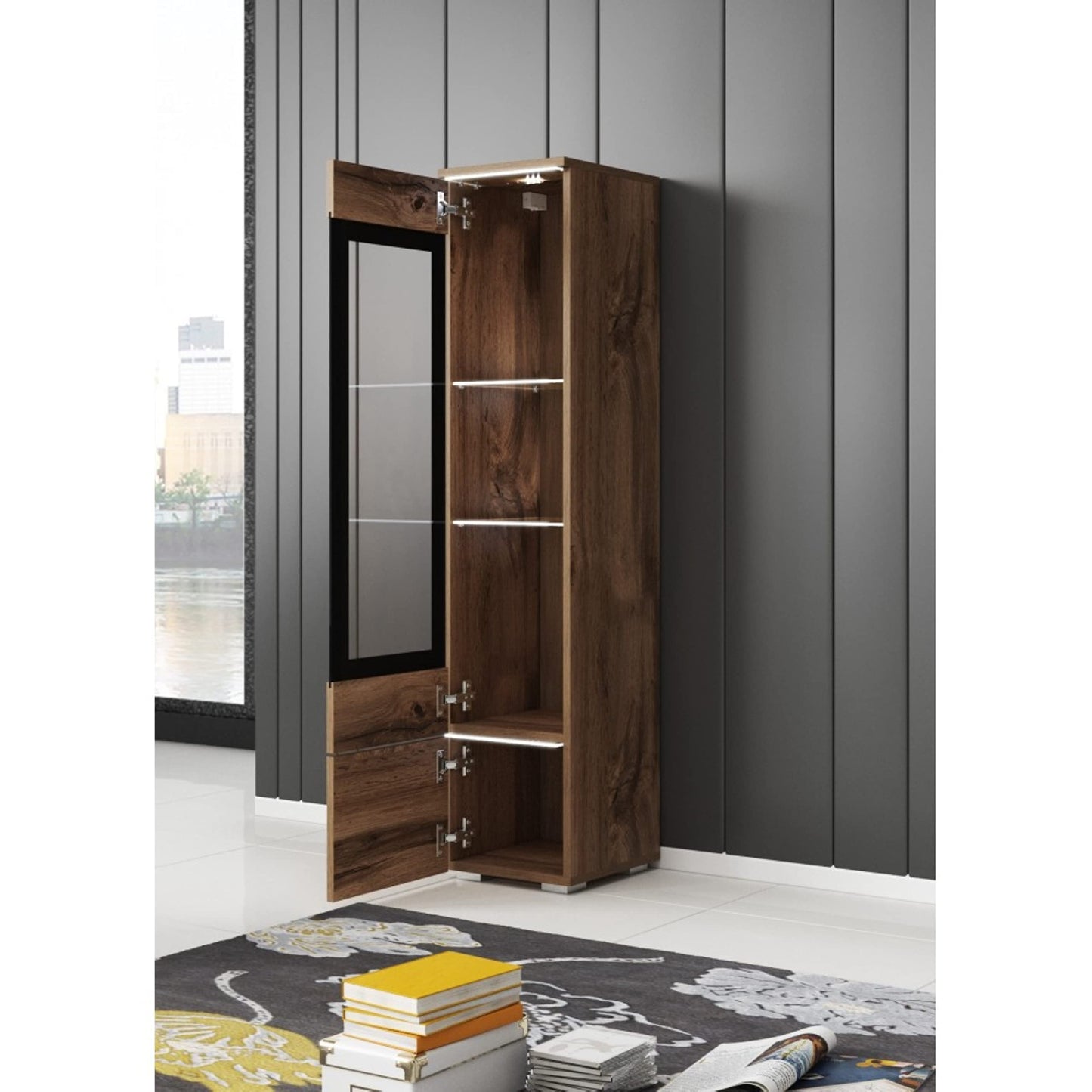 MINIO go for it Veve 2, 4-Piece Wall Unit Set, Hanging or Standing, 2 x Tall Cabinet Display Cabinets, Lowboard, Wall Board, Laminated Clamping Plate, Wotan Oak and Black Gloss, without Lighting