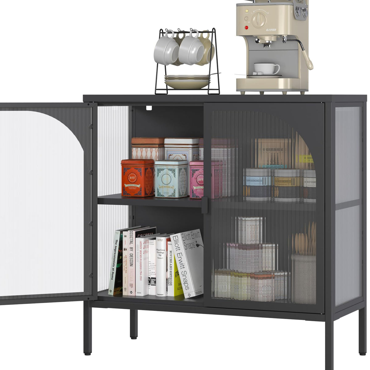 Metal Cabinet with Glass Doors, Sideboard Kitchen Cabinet, Glass Display Cabinet with Adjustable Shelf, Sideboard Cabinet for Kitchen, Dining Room, Living Room, 40 D x 120 W x 84 H cm, Black