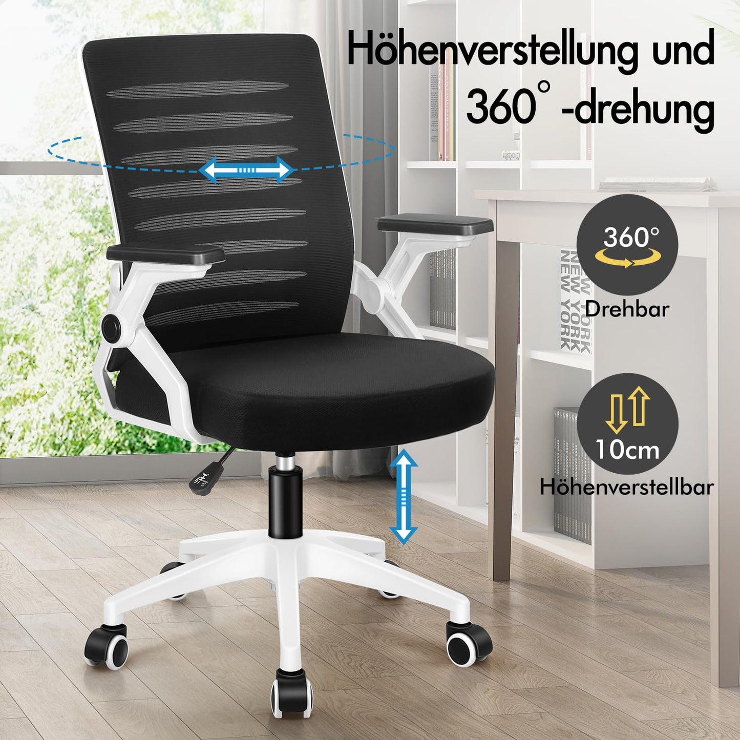 ALFORDSON Bürostuhl, Lendenstütze, Atmungsaktives Netz und Stoff, Hochklappbare/Verstellbare Armlehnen, Hochwertiger Schaumstoff, 180kg für Zuhause & Gaming, Wale, Schwarz