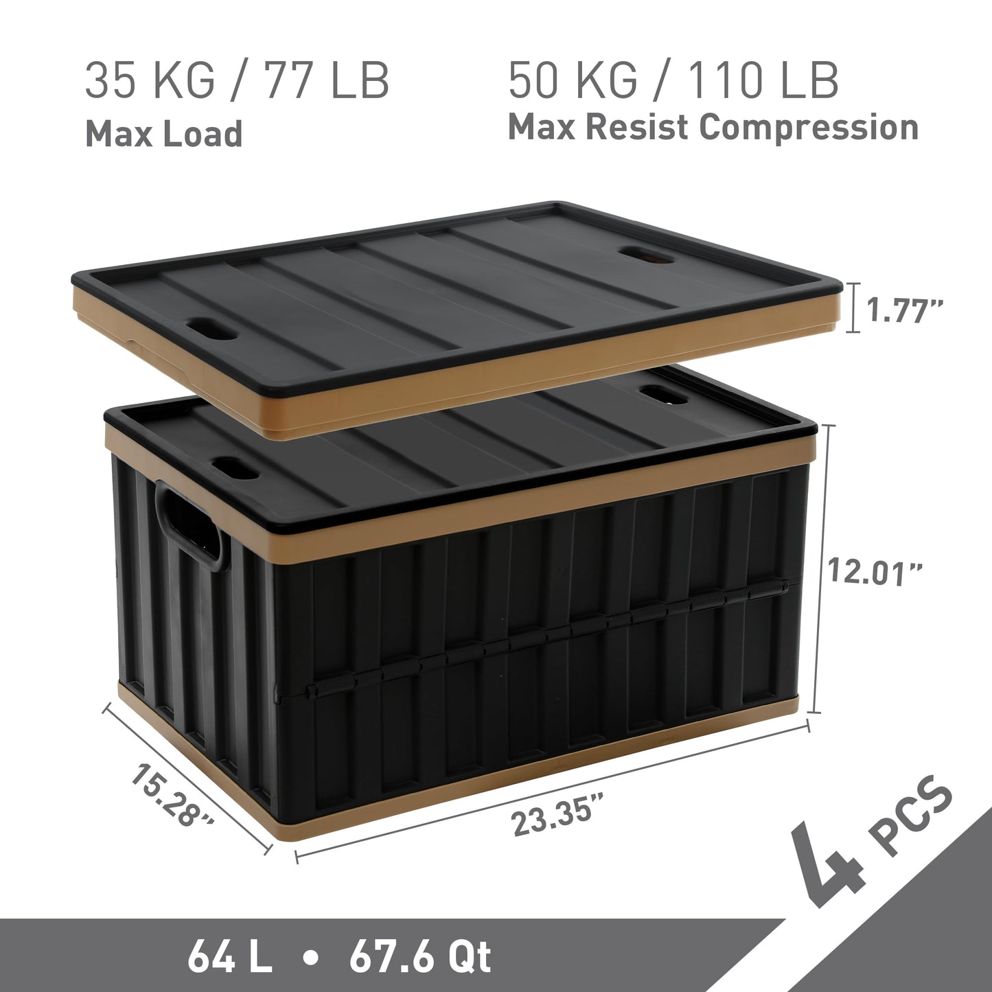 Citylife Set of 4 64 L Folding Box with Lid, Foldable Camping Box, Collapsible Storage Bins for Organising Large Heavy Outdoor, Bathroom, Kitchen, Office, Living Room (Grey)