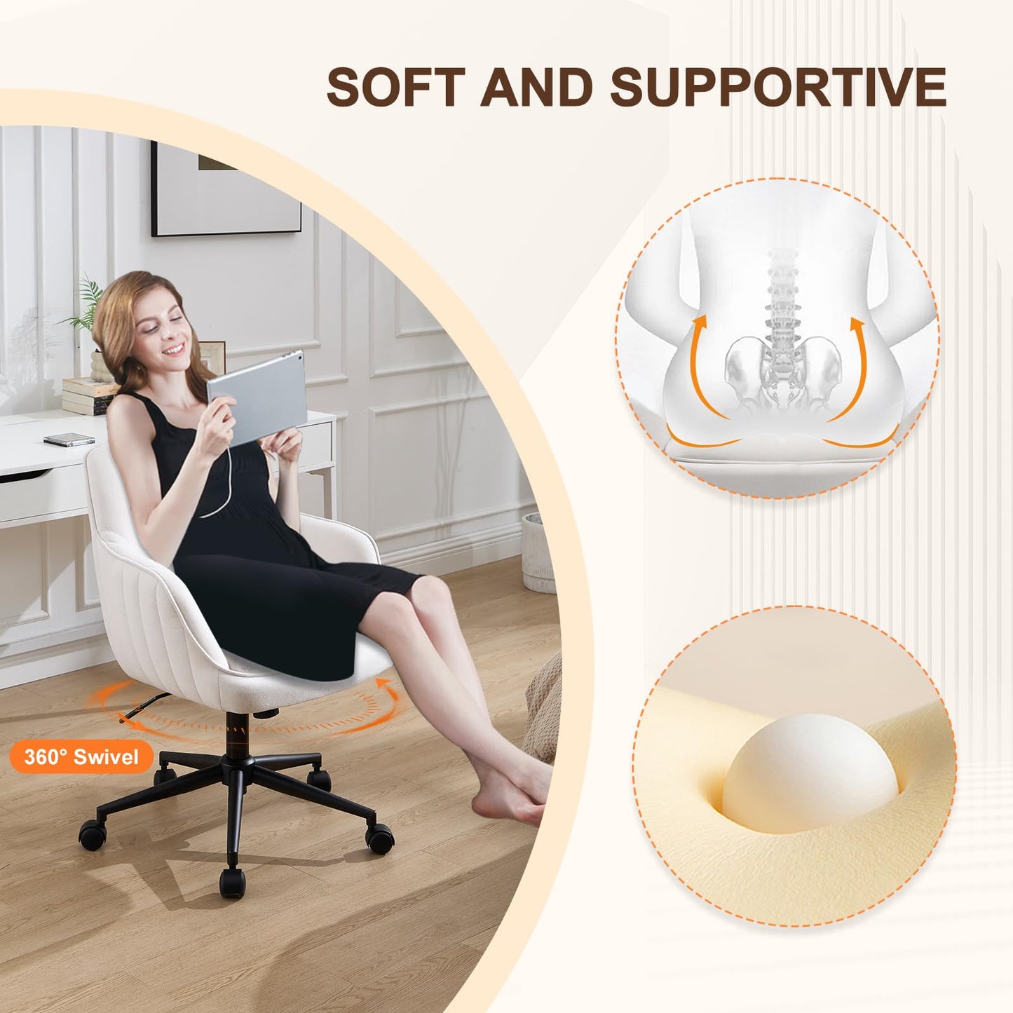 BERYTH Office Chair Home Office Velvet Dressing Table Chair up to 136 kg Load Capacity Ergonomic Height Adjustable Swivel Chair 360° Rotating Desk Chair Quiet Wheels Study Room Bedroom Home Office