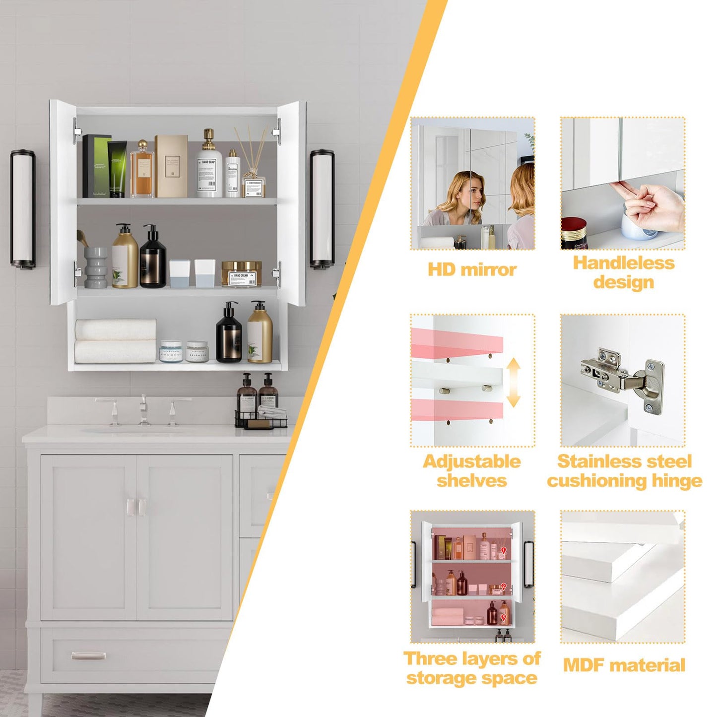 TUKAILAI Mirror Cabinet Bathroom Cabinet with 2 Toy Doors and Additional Shelf Storage Cabinet with Adjustable Shelves Wall Cabinet Medicine Cabinet Wall Cabinet for Bathroom White