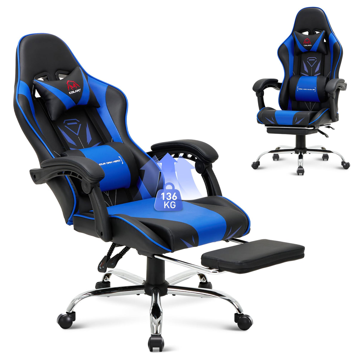 COLAMY Gaming Chair, Computer Chair with Footrest and Lumbar Support, Height-Adjustable Gaming Chair with 360° Swivel Seat and Headrest, Video Gamer PC Chair, Ergonomic High Backrest, Red