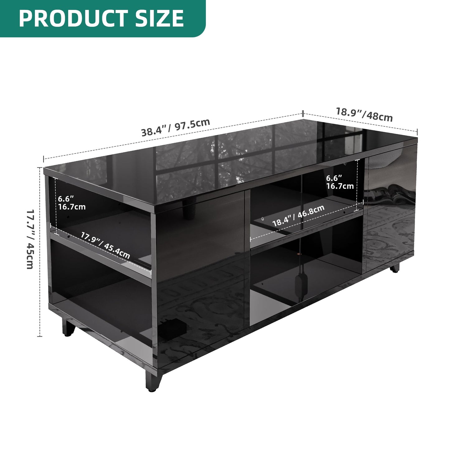 YITAHOME Coffee Table High Gloss Black Modern Living Room Table with 16-Colour LED Lighting Sofa Side Table with Adjustable Shelf 97.5 x 48 x 45 cm