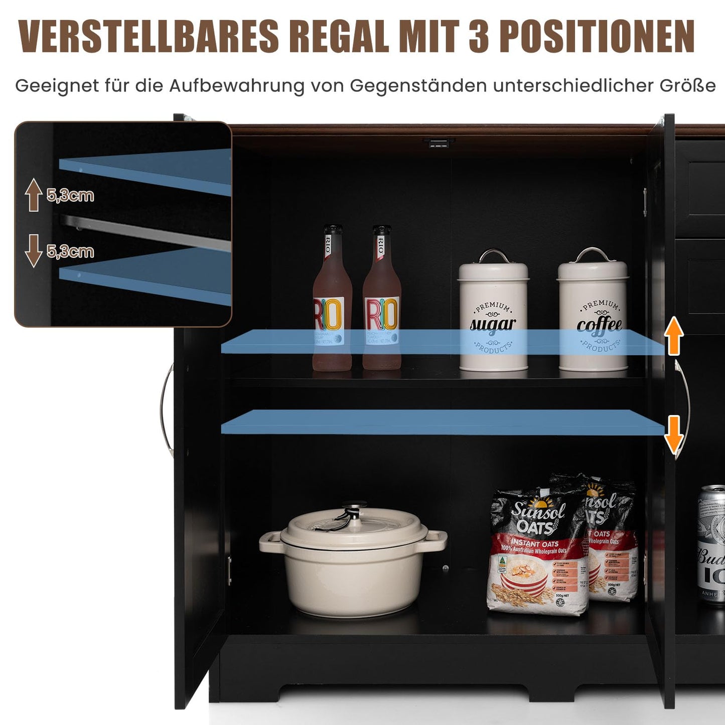 COSTWAY Sideboard, Kitchen Cabinet with Worktop 100 x 40 cm, Buffet Cabinet with Doors & Drawers & Adjustable Shelves, Kitchen Island for Kitchen, Dining Room (Black)