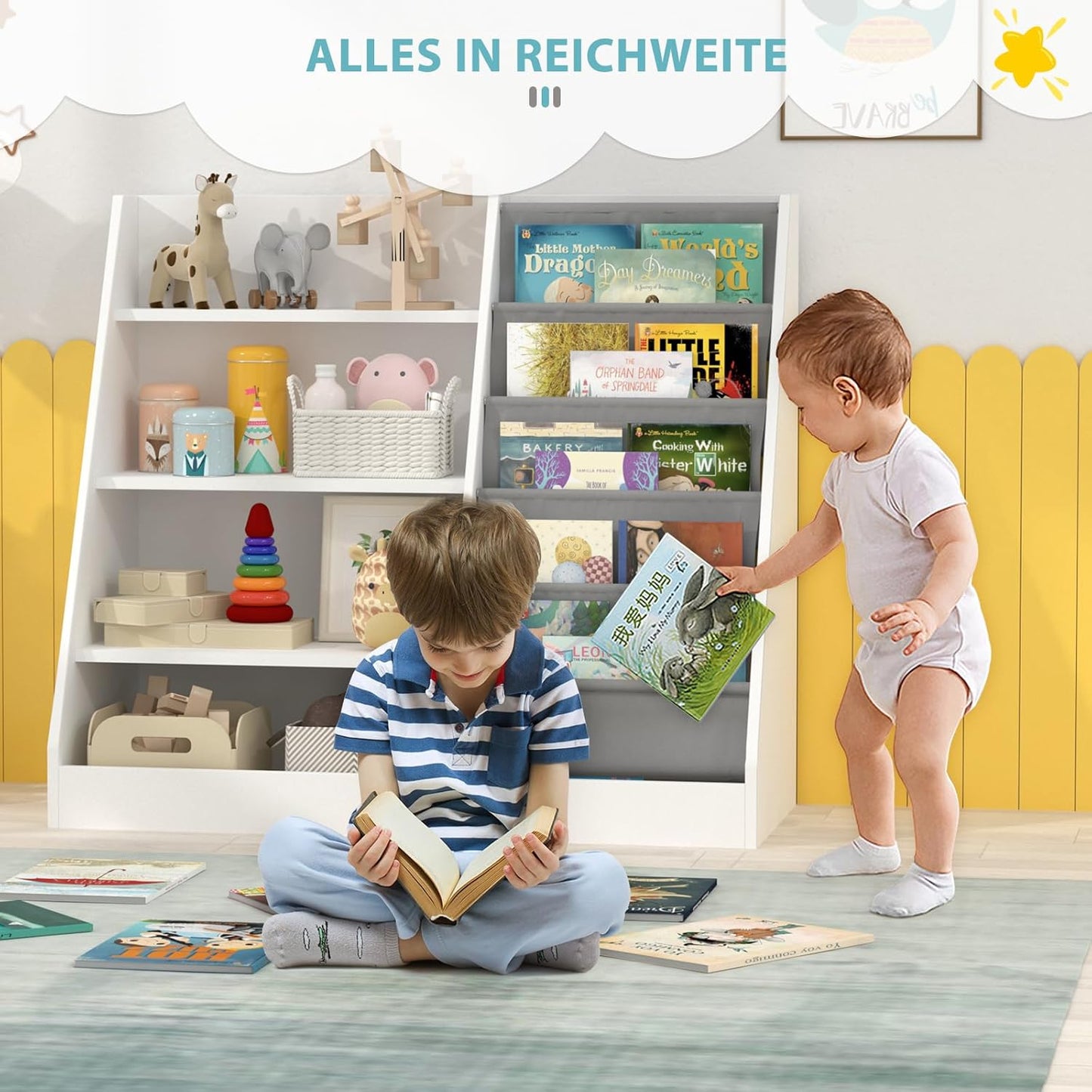 Children's Shelf, White with 5 Shelves and 4 Open Compartments, Bookcase for Children, Toy Organiser, 90 x 40 x 80 cm