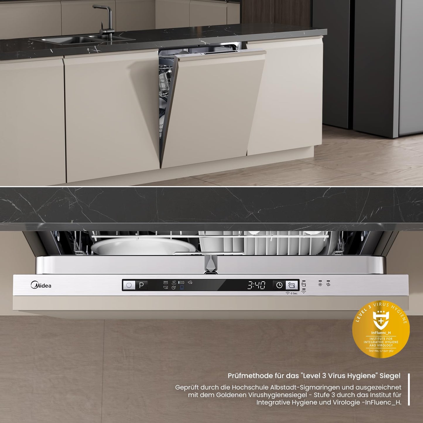 Midea SU 5.35X14CS Dishwasher Base, 14 MGD, Dishwasher 60 cm, Home Connect, Hygiene Care+, Machine Care +, Extra Drying, Half Load, 44 db, Start Delay, Stainless Steel