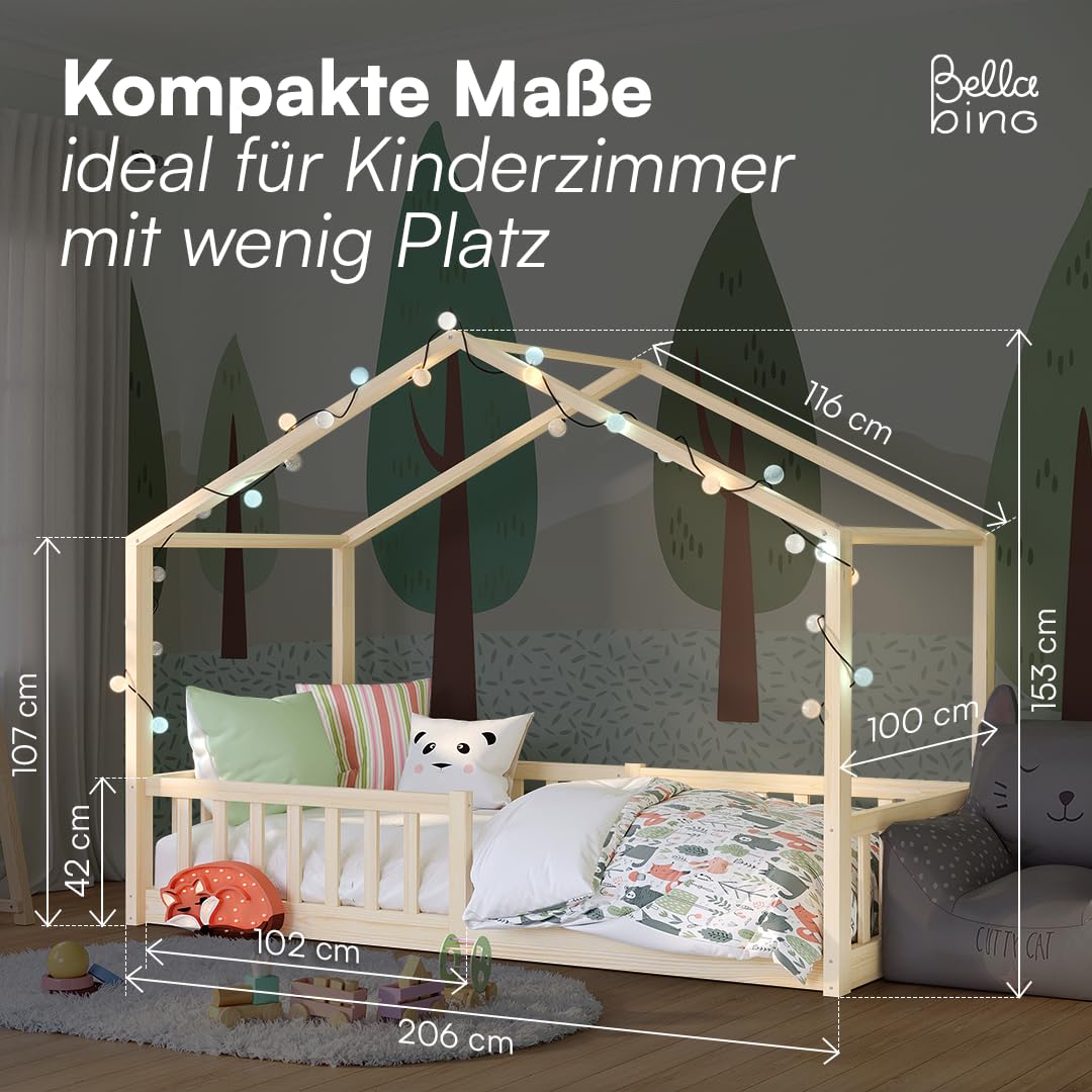 Bellabino Bia Children’s Bed, 90 x 200 cm, Children’s House Bed incl. Fall Protection and Rolled Slatted Frame, Montessori Floor Bed, White, Solid Pine Wood