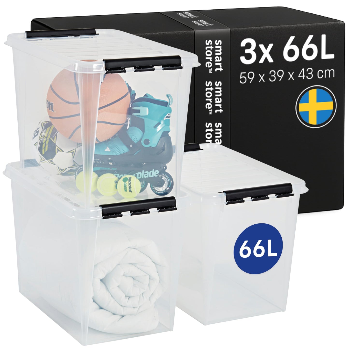 SmartStore - 5 x Storage Box with Lid Classic 46L (59 x 39 x 31 cm) | Stackable Box with Lid | Food-Safe Plastic Box | Plastic Box with Lid and Reinforced Corners