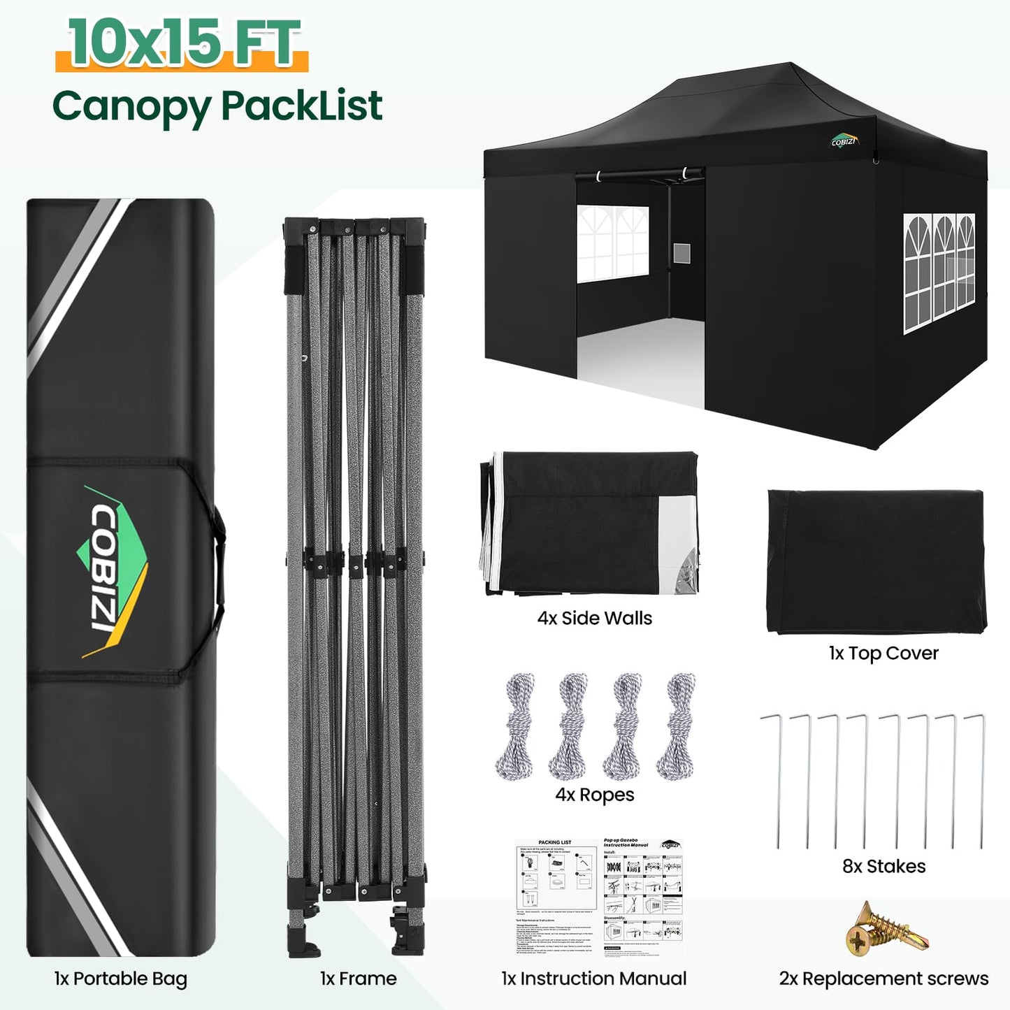 COBIZI Pavillon Faltpavillon 3x3 wasserdicht stabil Winterfest,Outdoor faltbar partyzelt，gartenpavillon mit 4 Seitenteilen und 4 Sandsack und Laufradtasche, Schwarz