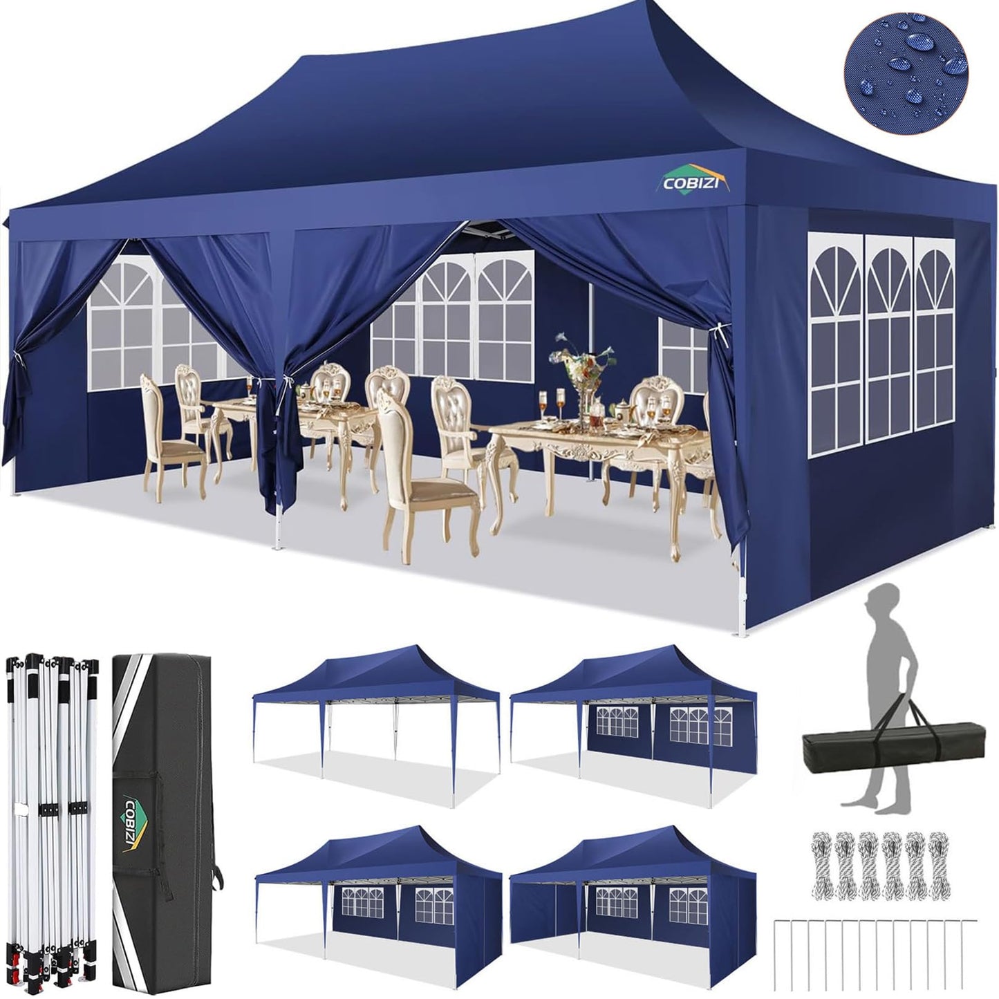 COBIZI Pavillon 3x6,Faltpavillon 3x6 Wasserdicht Stabil Winterfest, Sofort aufklappbare Vordächer Outdoor Gartenzelt mit 6 Seitenteilen, für Party Garten Festival, Weiß